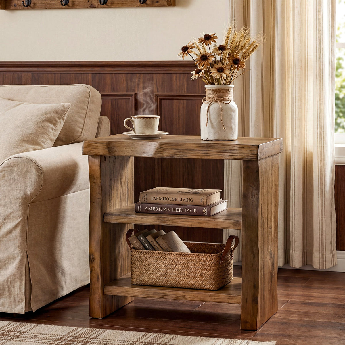 Tribesigns Solid Wood End Table, 3-Tier Live Edge Side Table for Bedroom