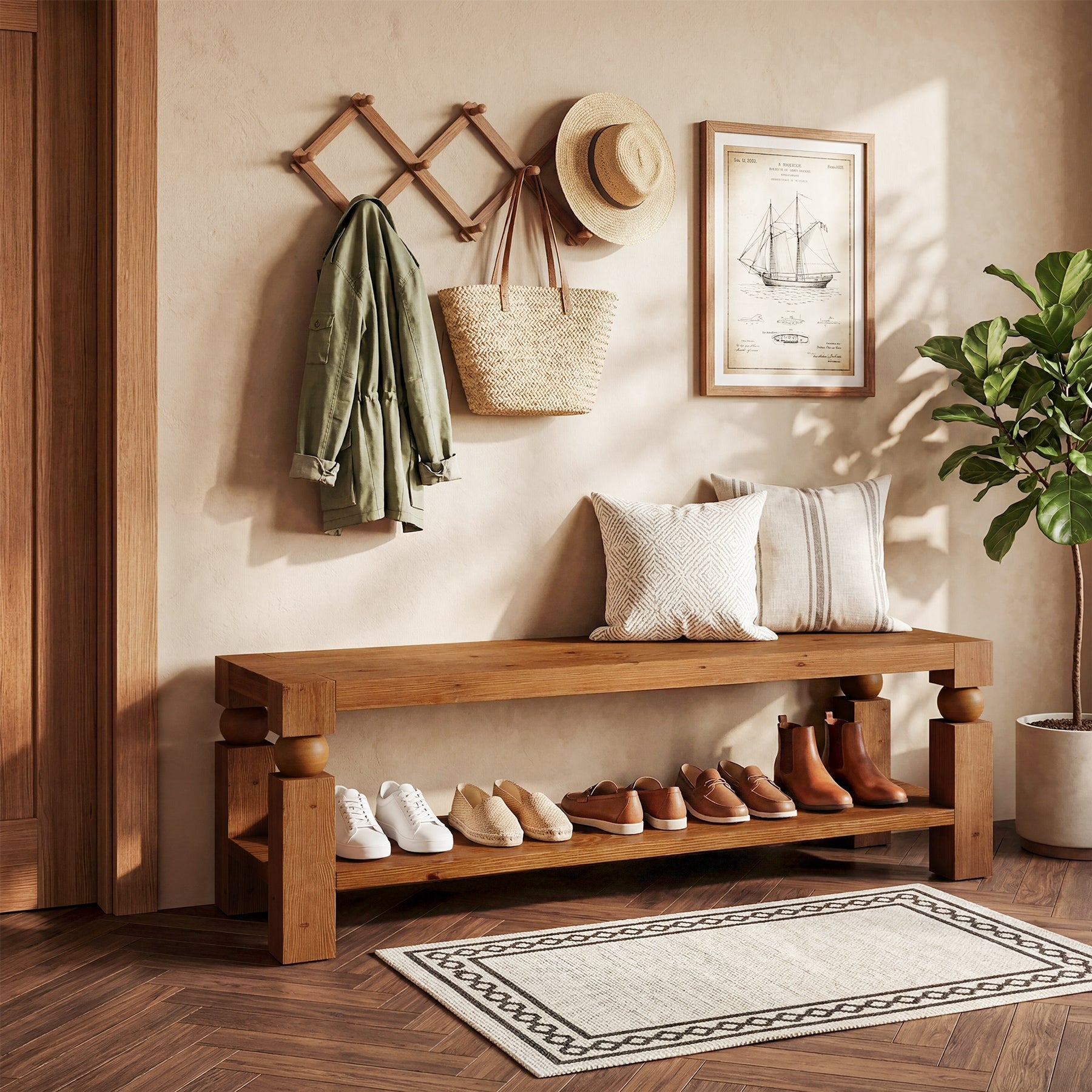 Solid Wood Entryway Bench, 47" Shoe Storage Bench with Shelf for Hallway