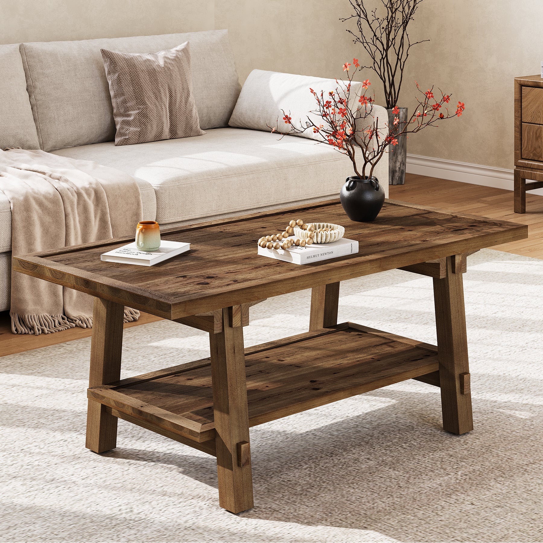 Solid Wood Coffee Table, 47" Rectangle Center Table with 2-Tier Shelves