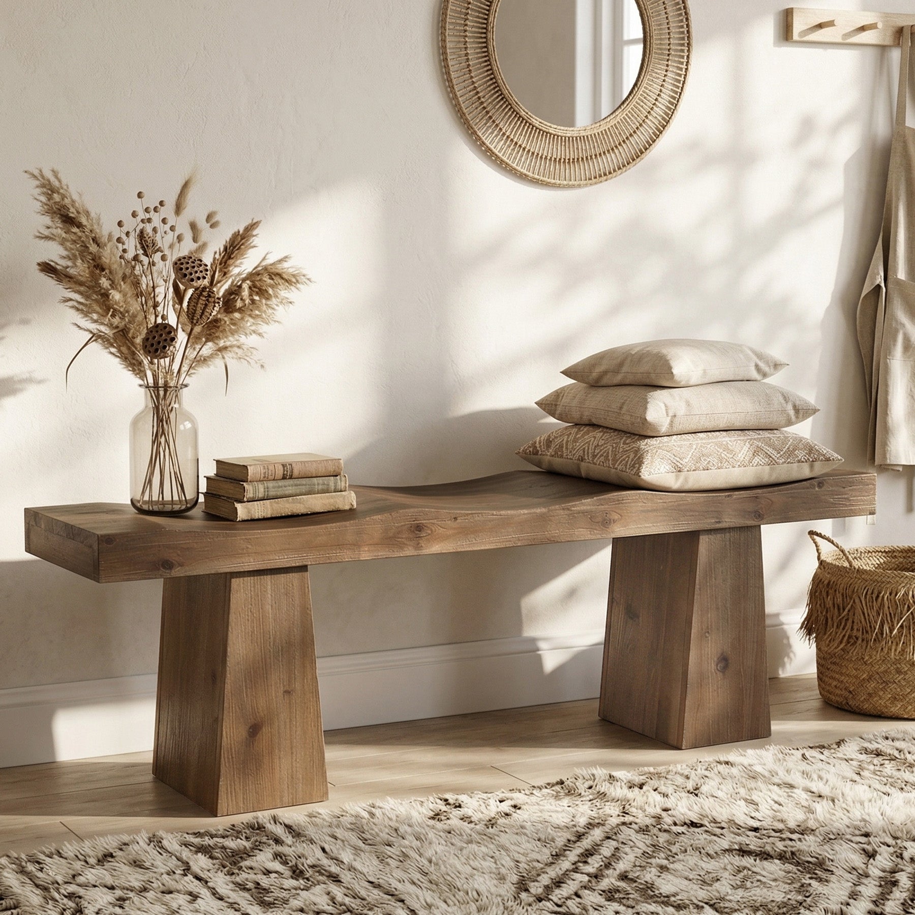 Solid Wood Entryway Bench, 59" End of Bed Bench with Wavy Edges Design