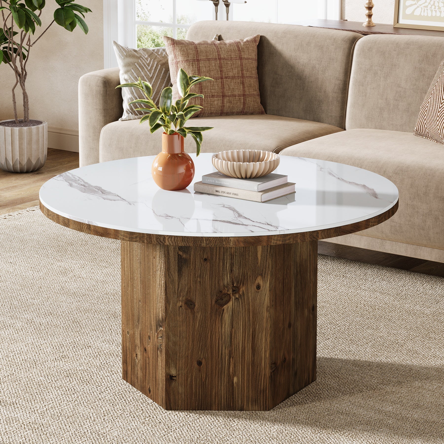 31.5" Round Coffee Table with Sintered Stone Top and Solid Wood Base