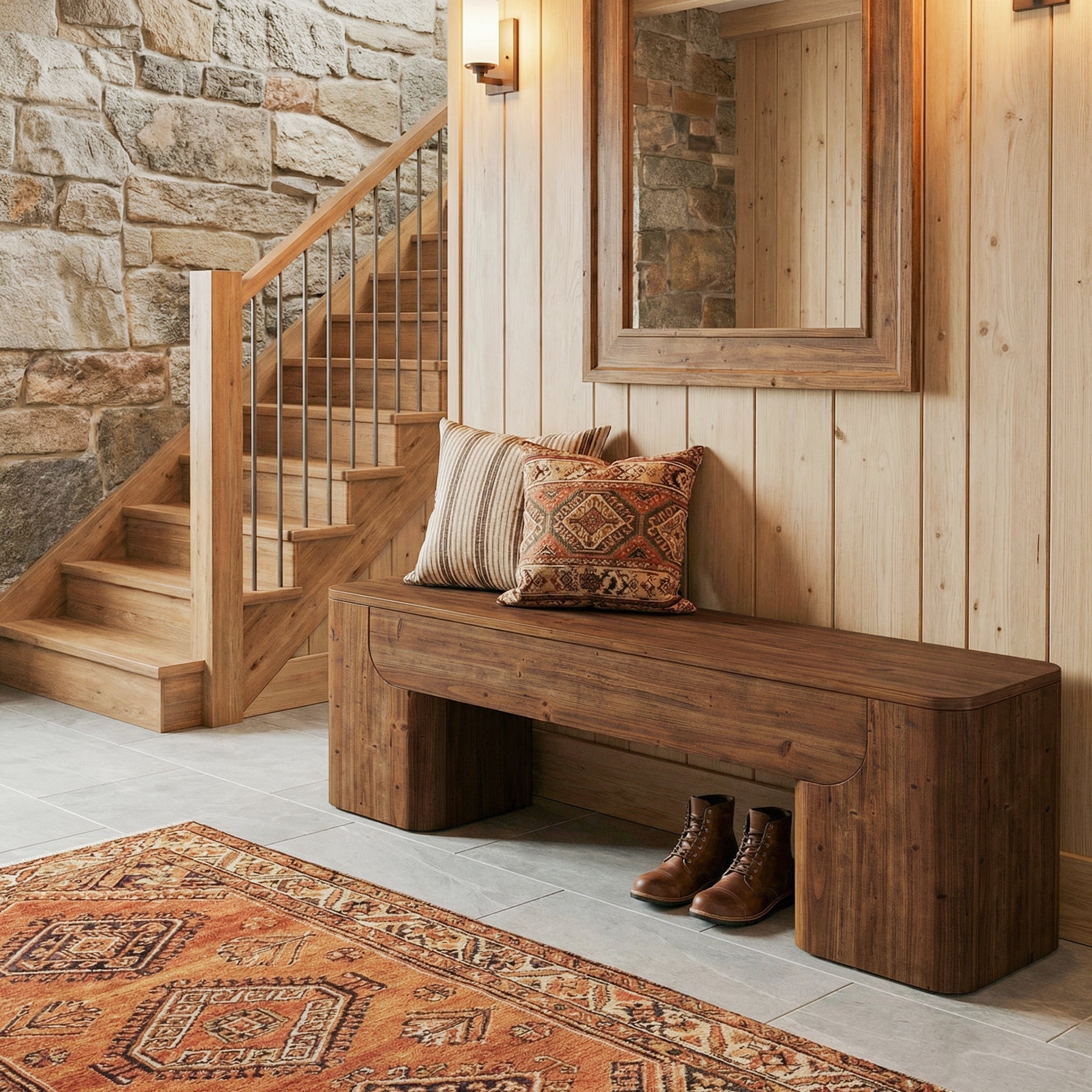 59" Solid Wood Bench, Rustic Heavy Duty Entryway Bench with Sturdy Legs