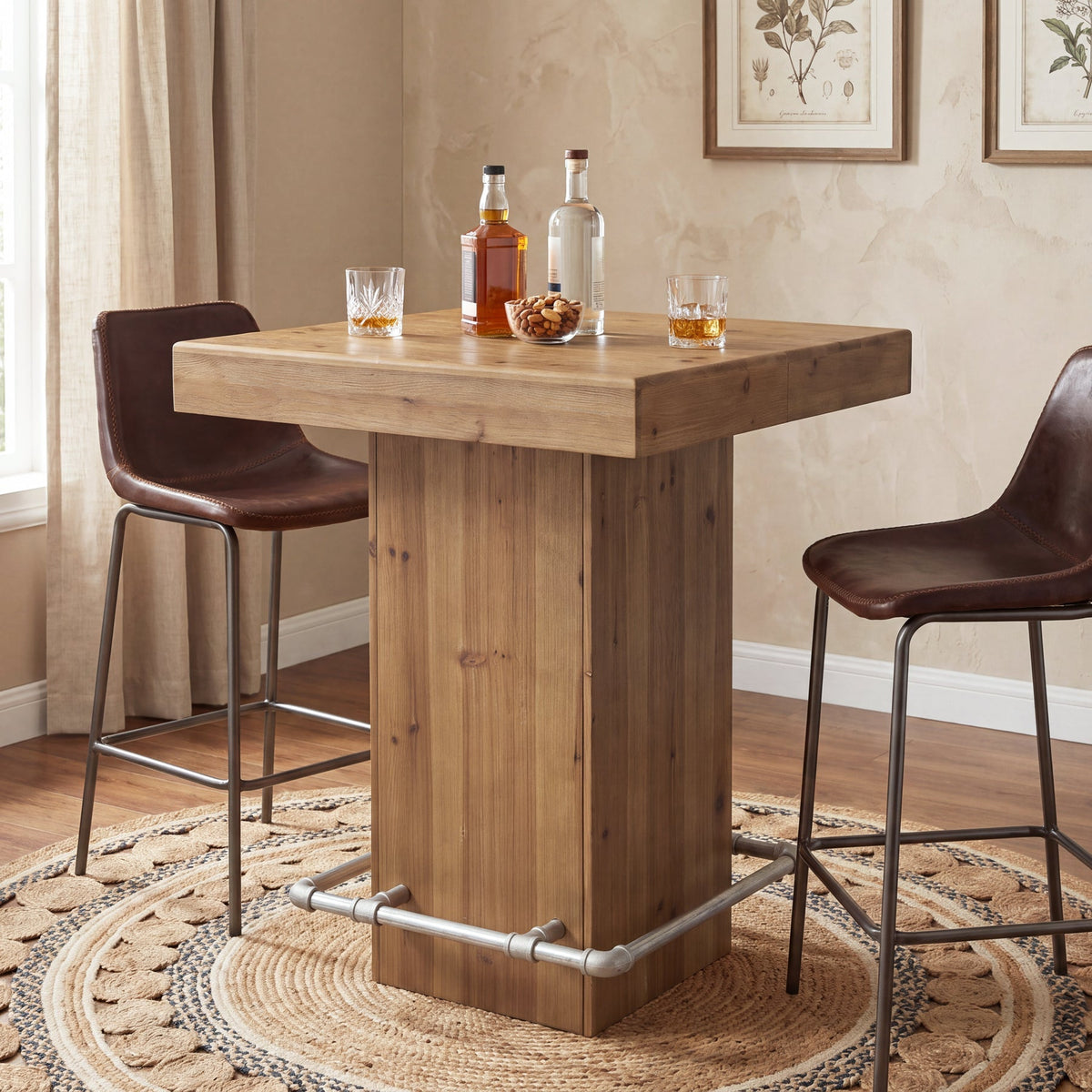 31.5" Square Solid Wood Bar Table, Industrial Counter Height Table with Metal Footrest