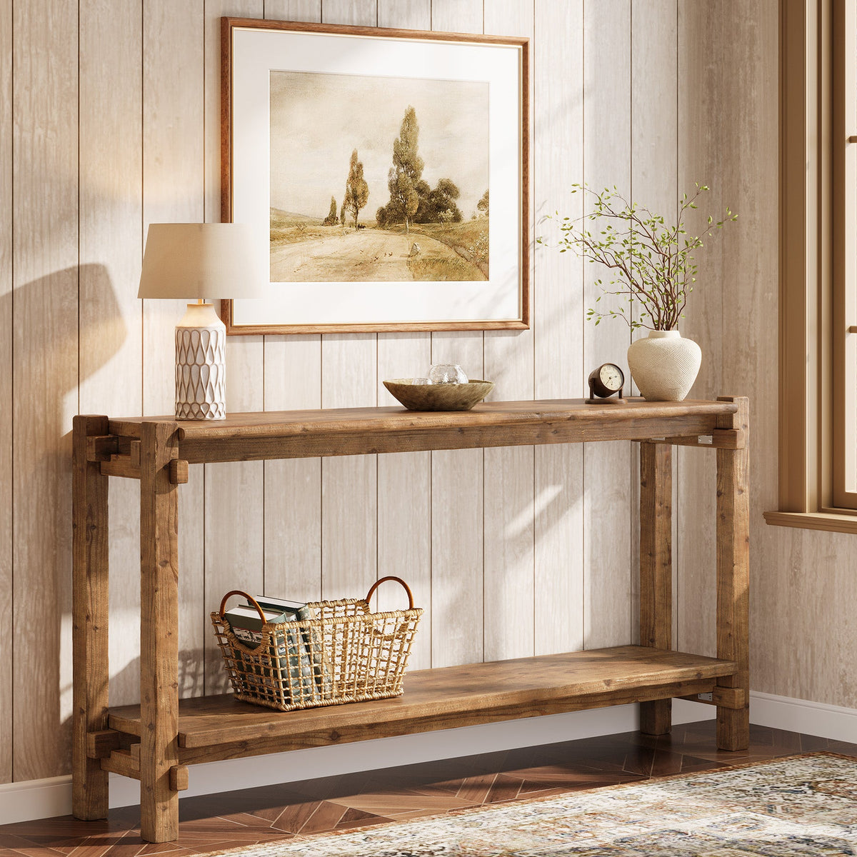 63" Solid Wood Console Table, 2 - Tier Farmhouse Entryway Table with Storage Tribesigns