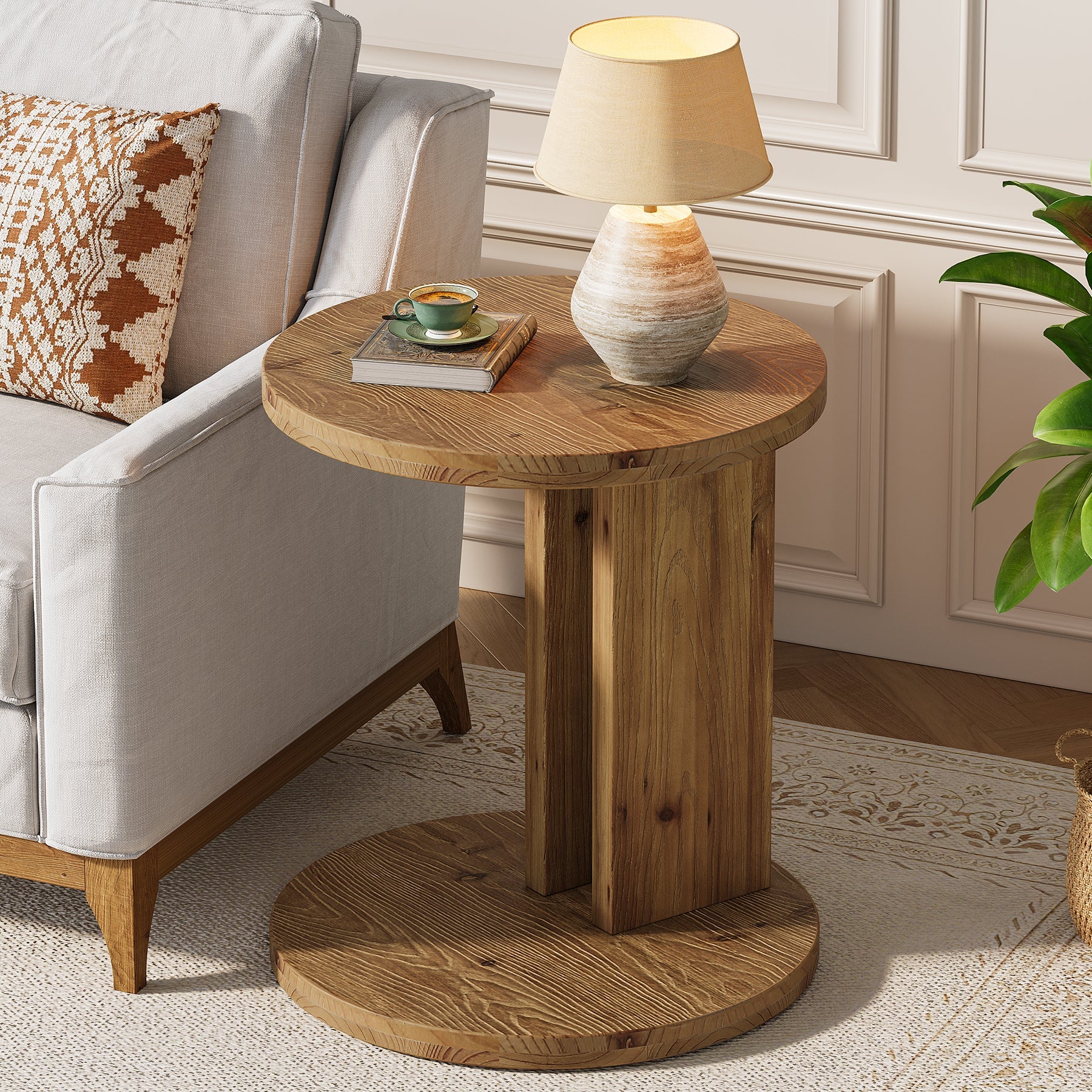 Solid Wood End Table, C-Shaped Round Side Table for for Living Room