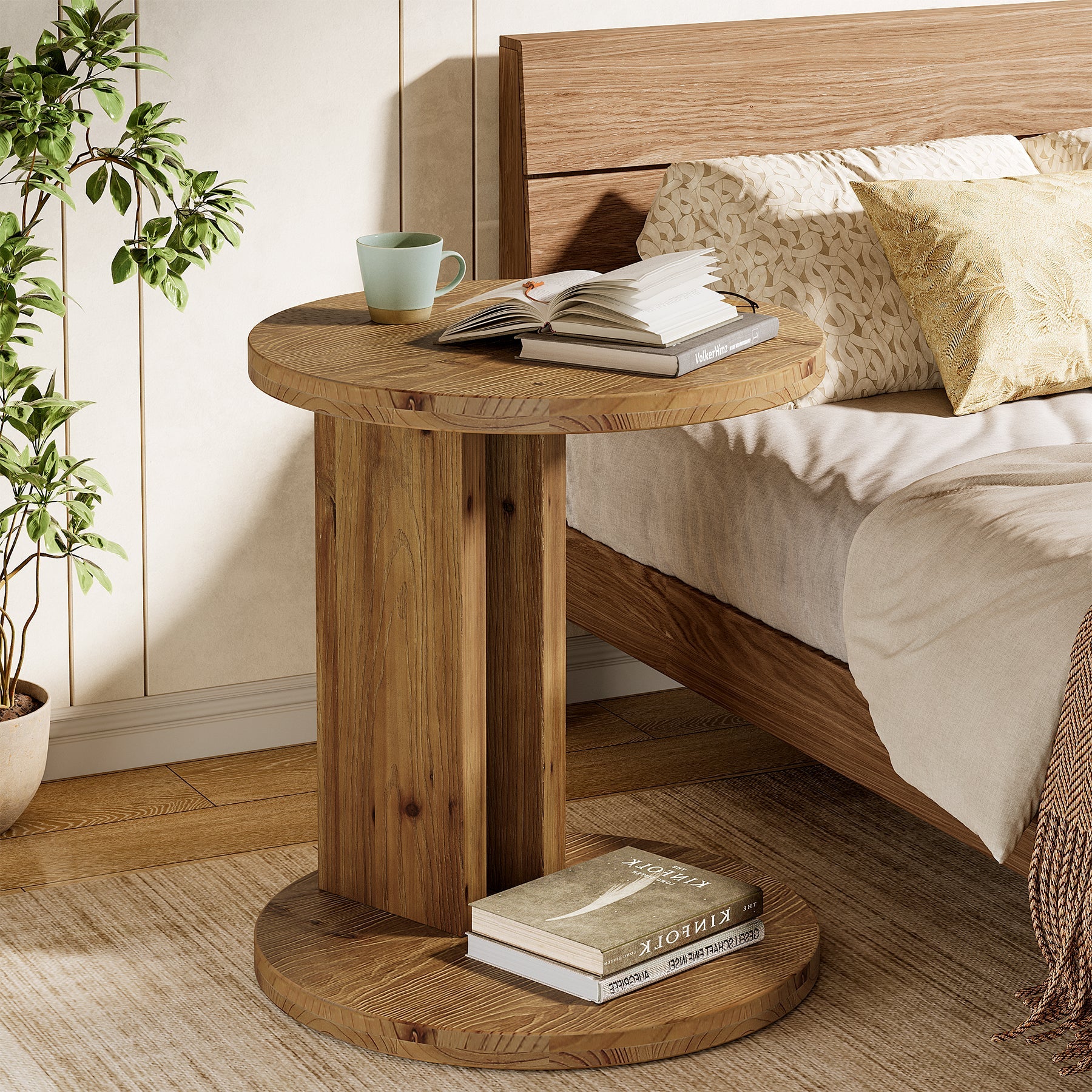 Solid Wood Nightstand, 19.68"C-Shaped Bedside Table with Storage