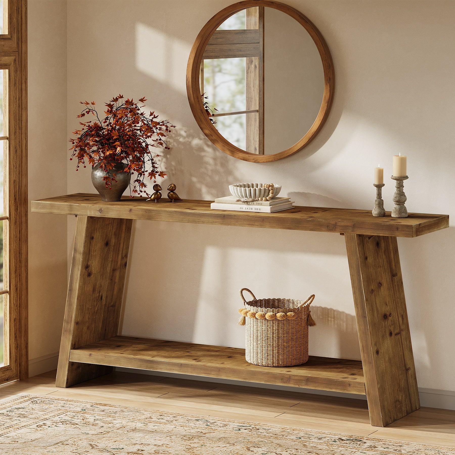 Solid Wood Console Table, 70.9" Sofa Table Behind Couch with 2-Tier Storage