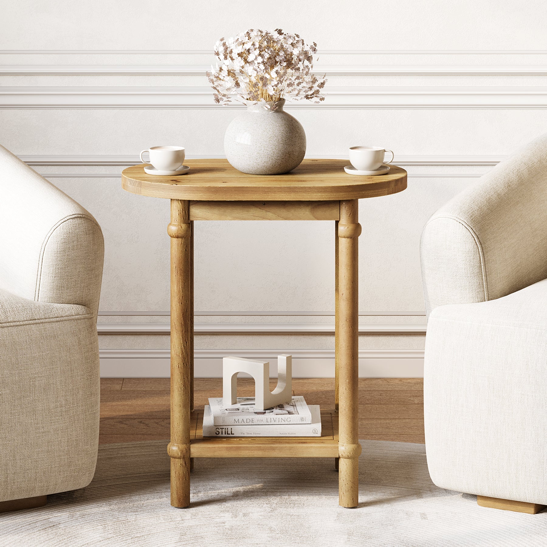 Solid Wood End Table, 2-Tier Oval Side Table with Storage Shelves