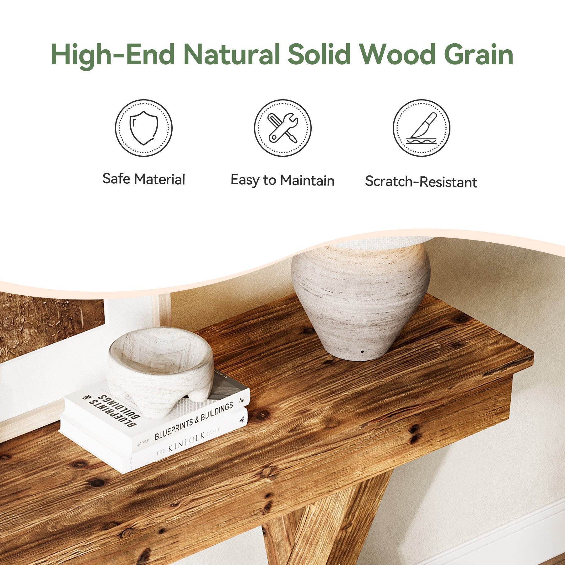 Solid Wood Console Table, 63" Sofa Entryway Table with X-Shaped Legs