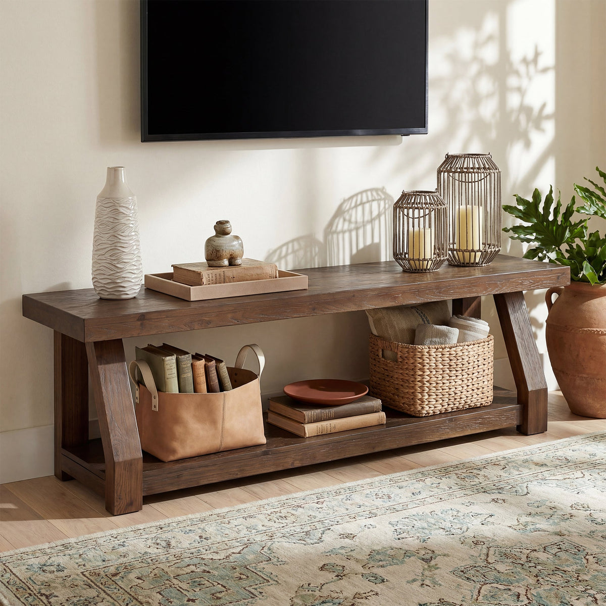 63" Solid Wood TV Stand for 65-75" TVs, Farmhouse Media Console with Open Shelf, Rustic Entertainment Center for Living Room