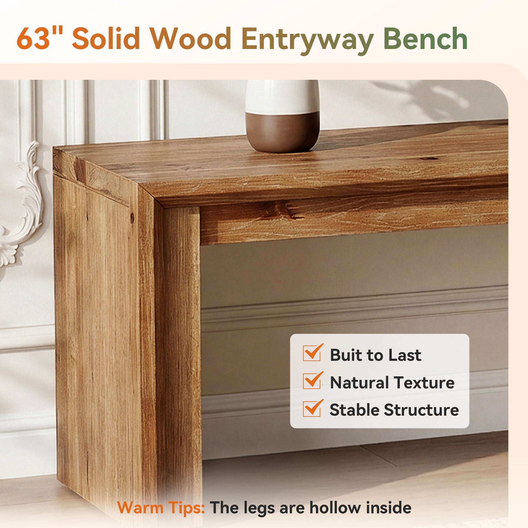 63" Solid Wood Entryway Shoe Bench, Farmhouse End of Bed Bench for 2-3 People