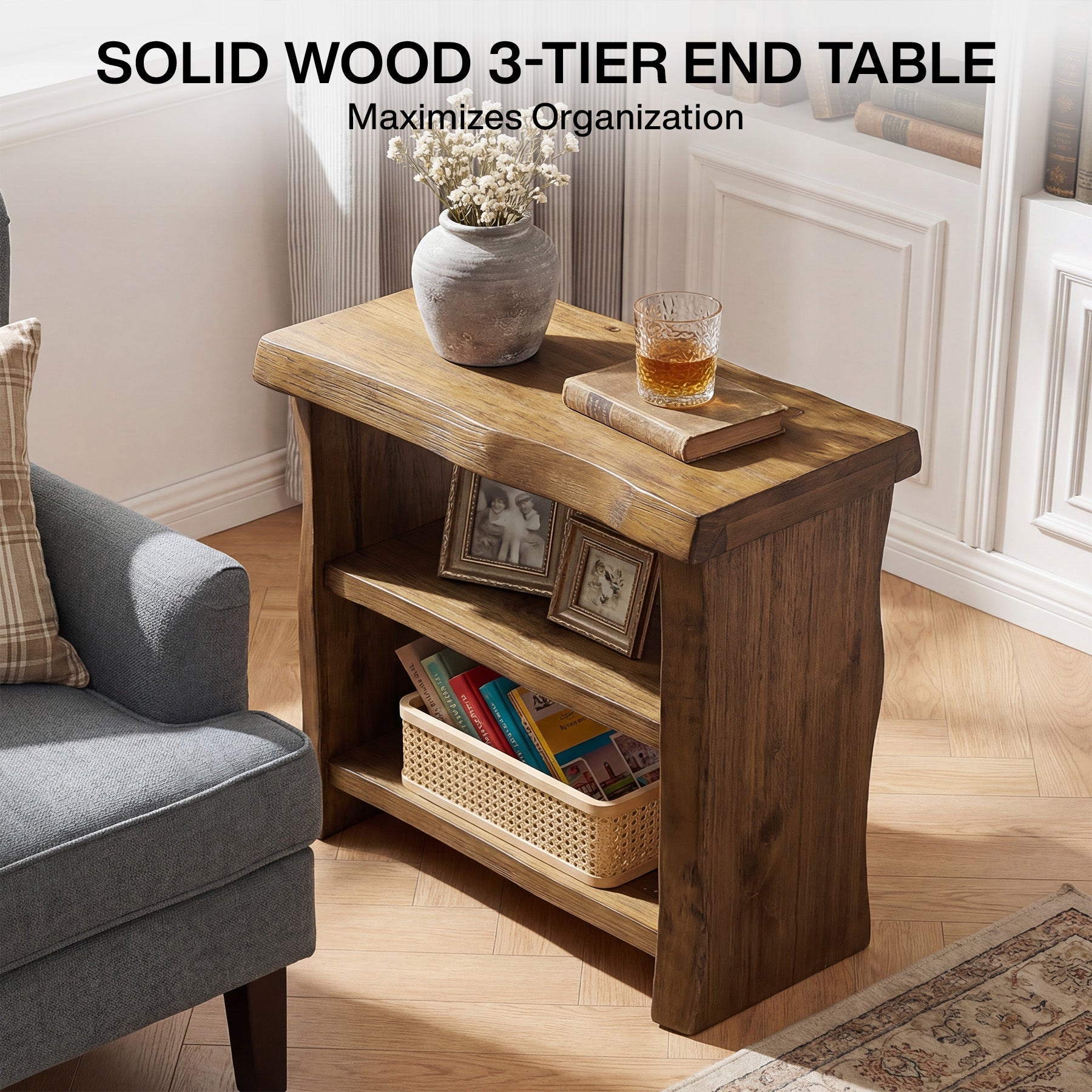 Tribesigns Solid Wood End Table, 3-Tier Live Edge Side Table for Bedroom