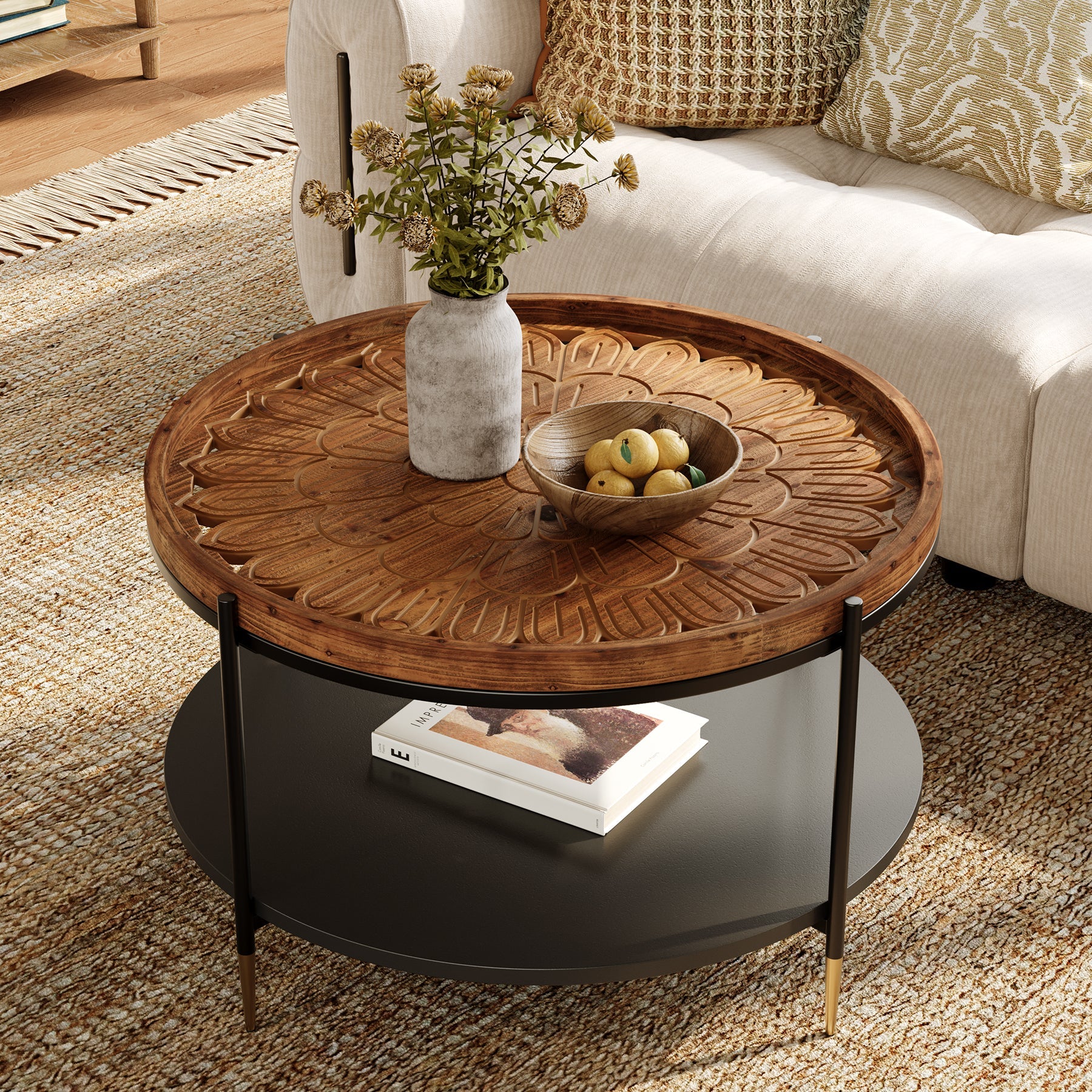 Solid Wood Round Coffee Table, 31.5" Center Tea Table with Metal Frame