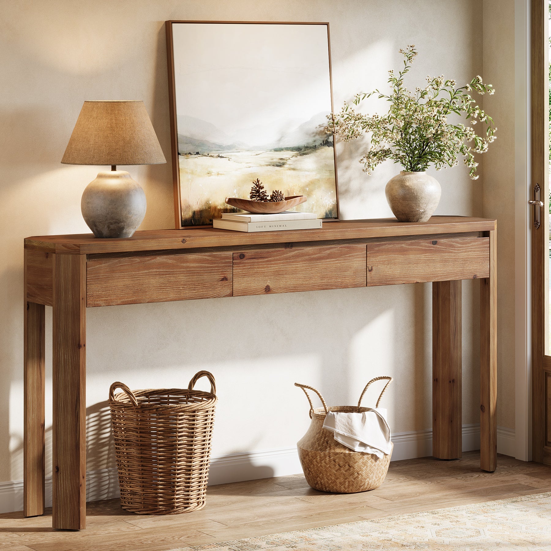 63" Solid Wood Console Table, Farmhouse Entryway Table with 3 Drawers