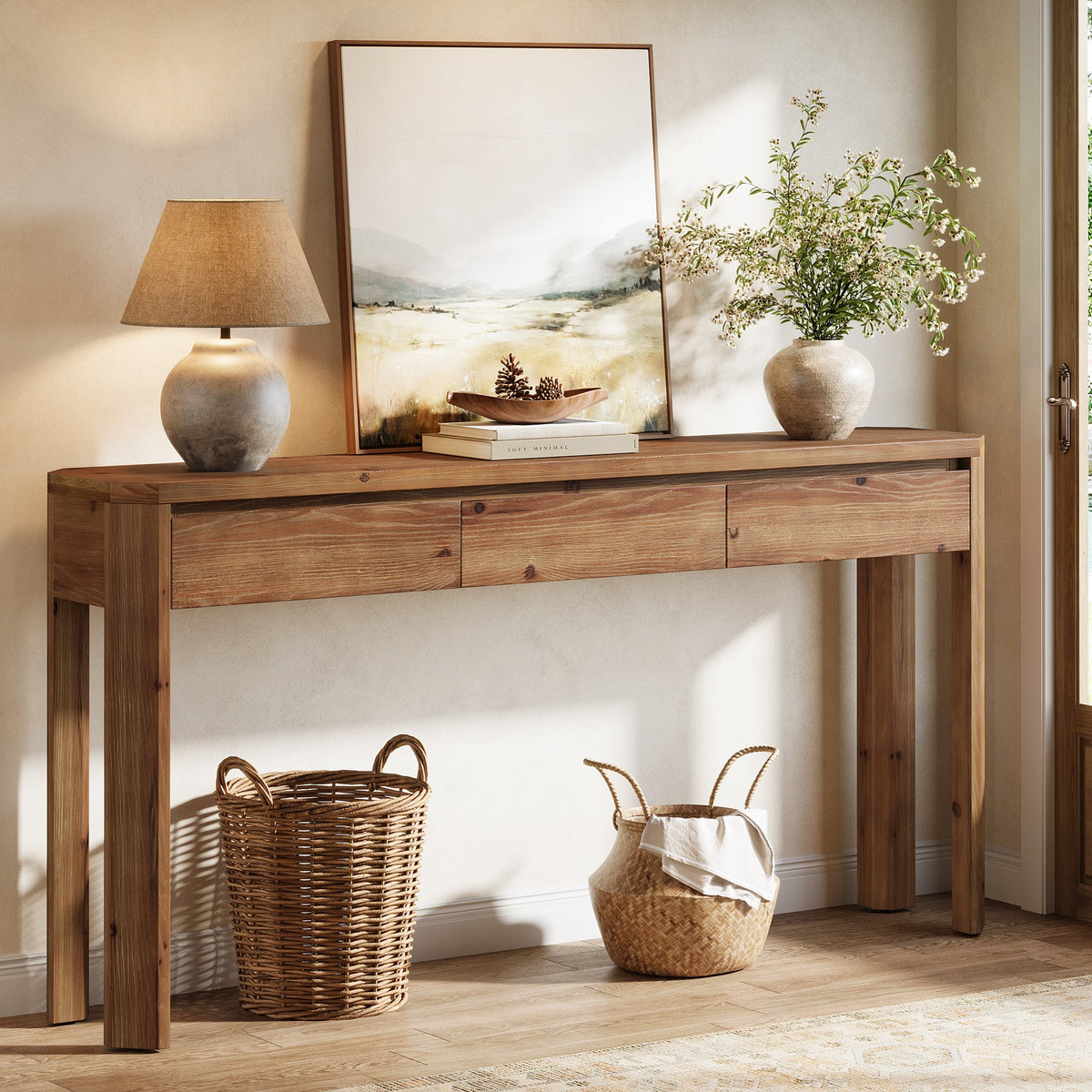 63" Solid Wood Console Table, Farmhouse Entryway Table with 3 Drawers ...