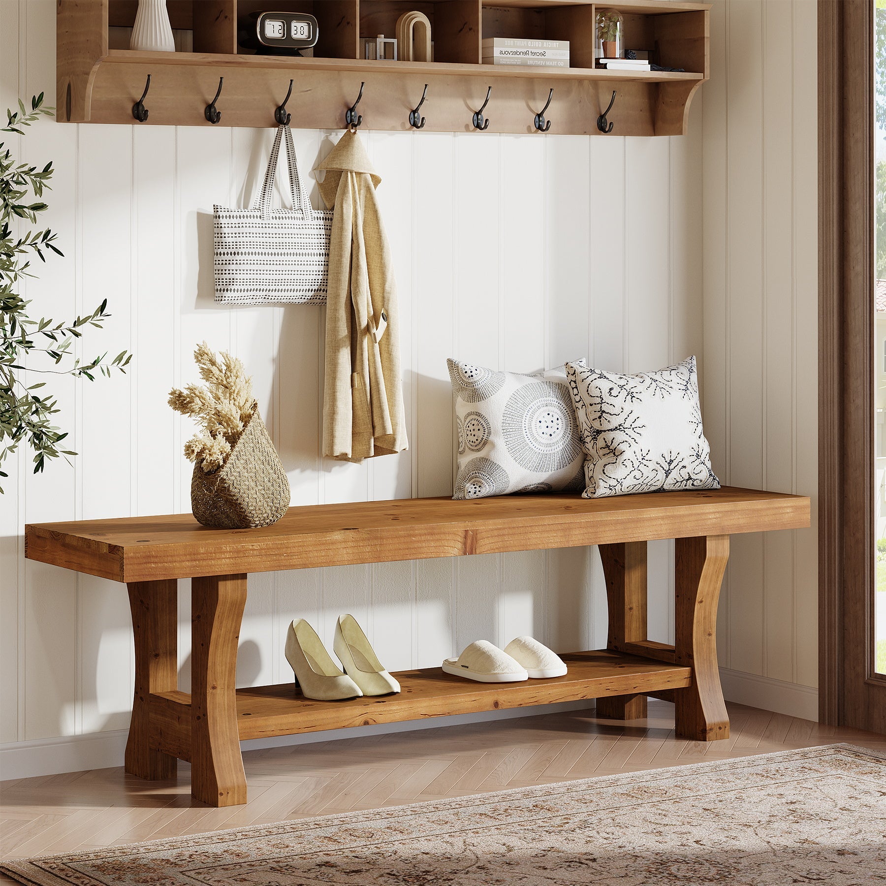 55" Entryway Bench, Solid Wood End of Bed Bench Dining Seat