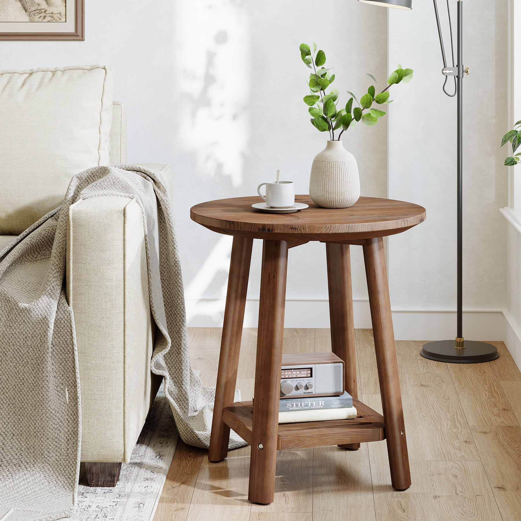 23.62" Round Solid Wood Side Table, 2-Tier Farmhouse Storage Shelf Walnut