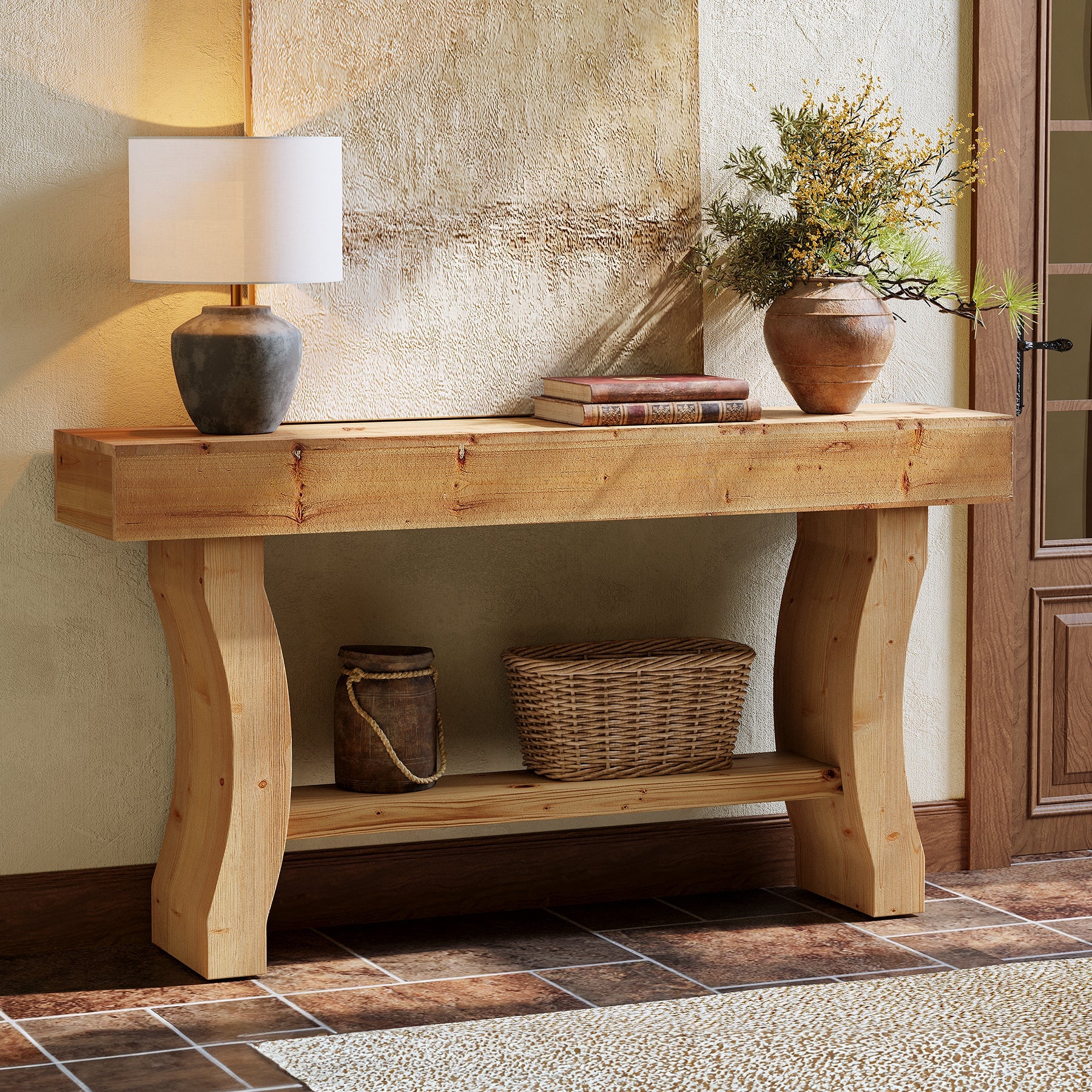 Solid Wood Console Table, 59" Sofa Table with Stable Curved Legs