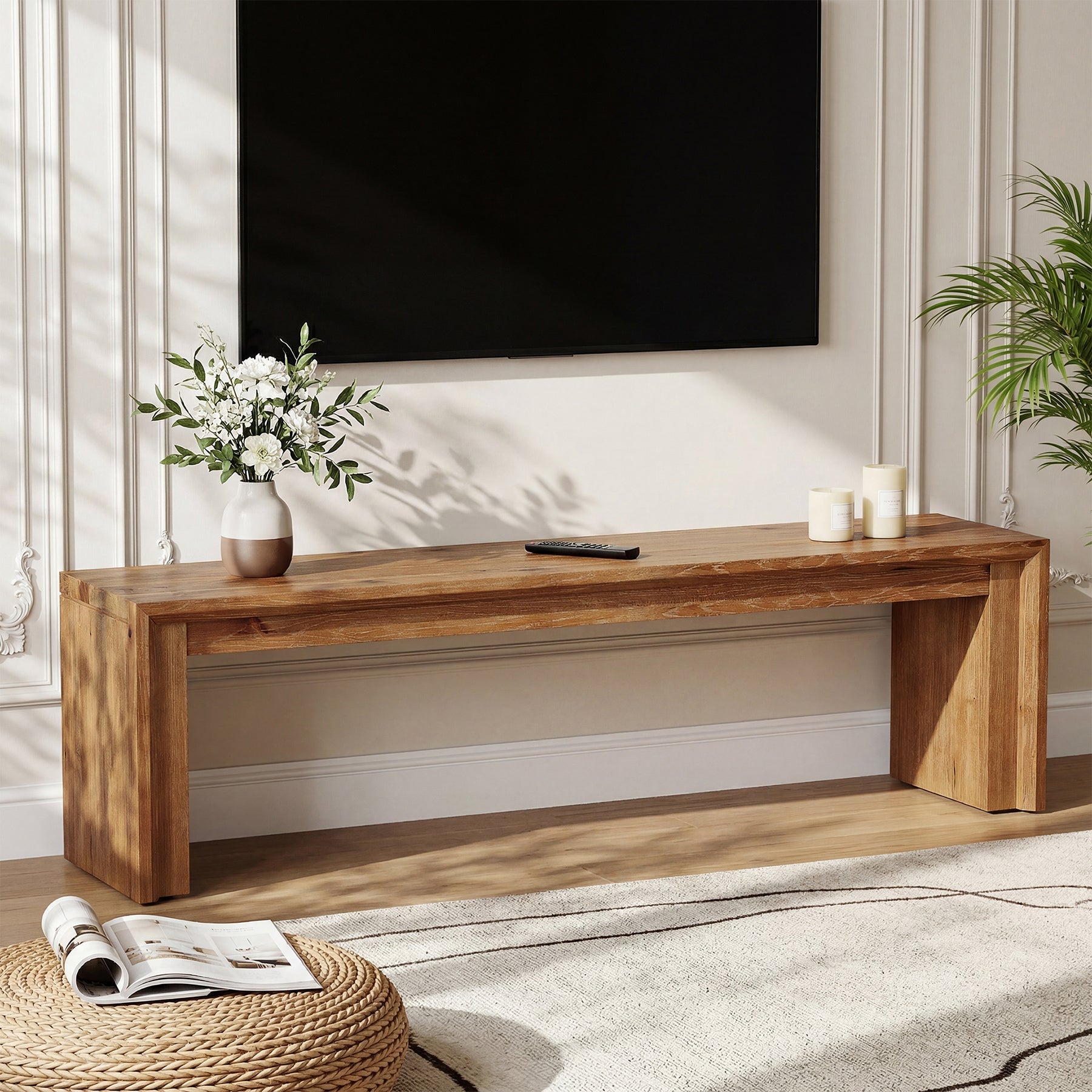 63" Solid Wood TV Stand for 65" TV, Farmhouse Entertainment Center Low Media Console