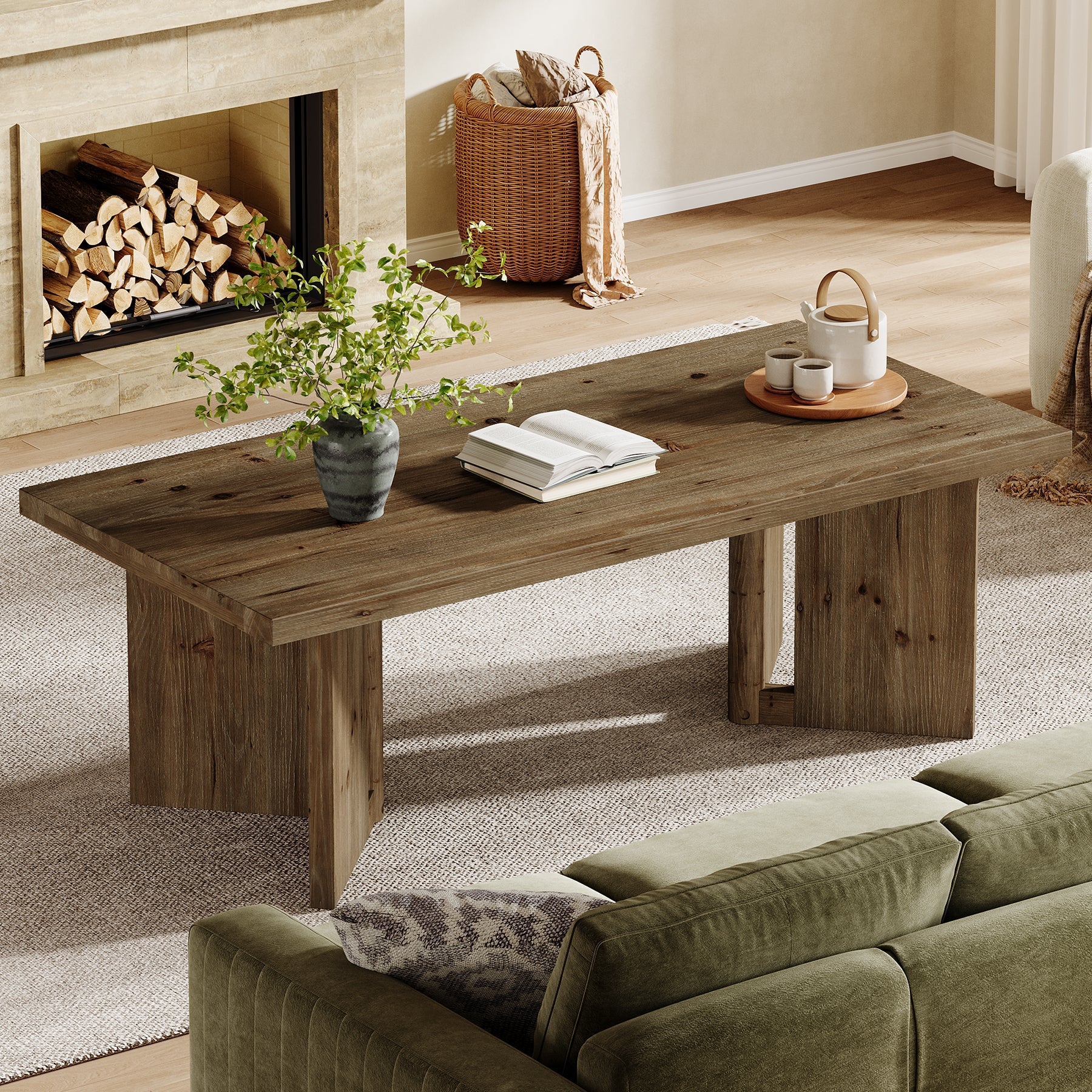 47" Wood Coffee Table, Farmhouse Rectangle Center Table with Triangle Legs