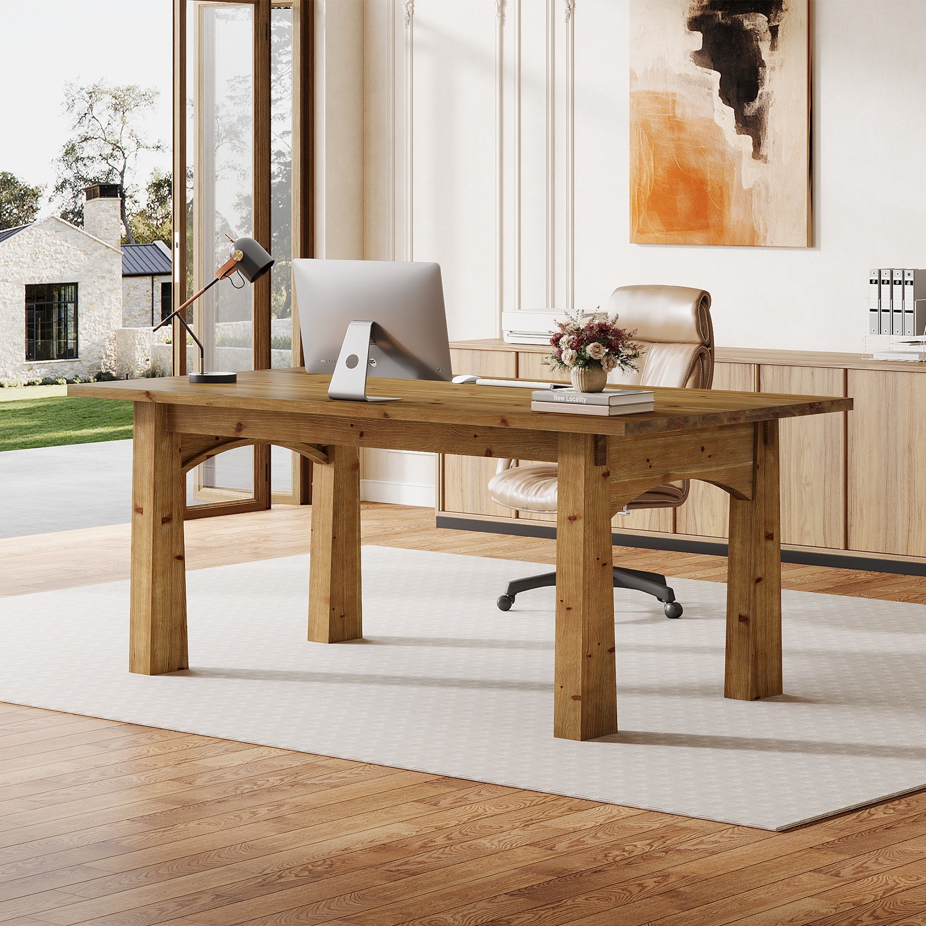 Solid Wood Executive Desk, 63" Computer Desk with Sturdy Wooden Legs