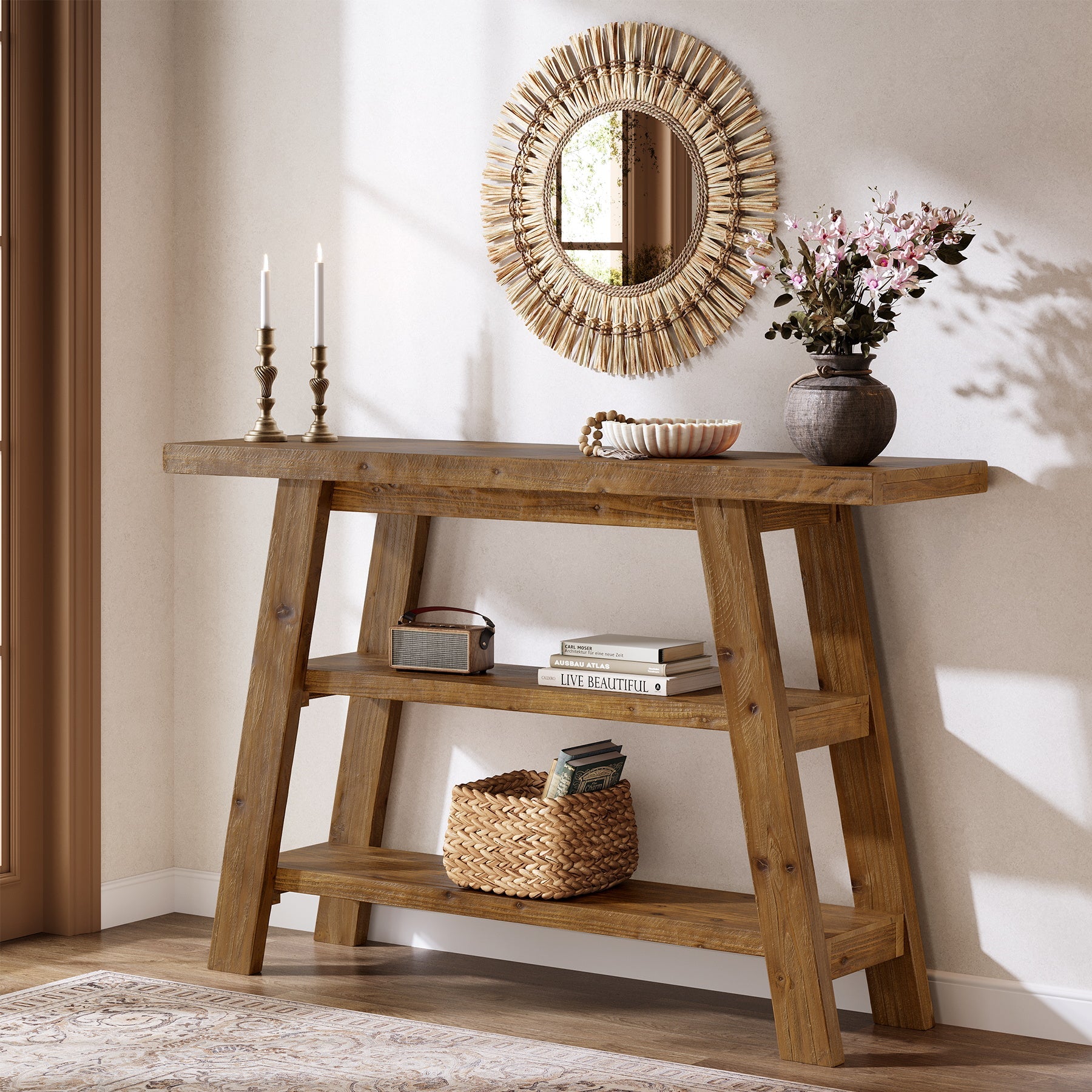 Solid Wood Console Table, 47.24" Farmhouse Entryway Table with 3-Tier Shelves