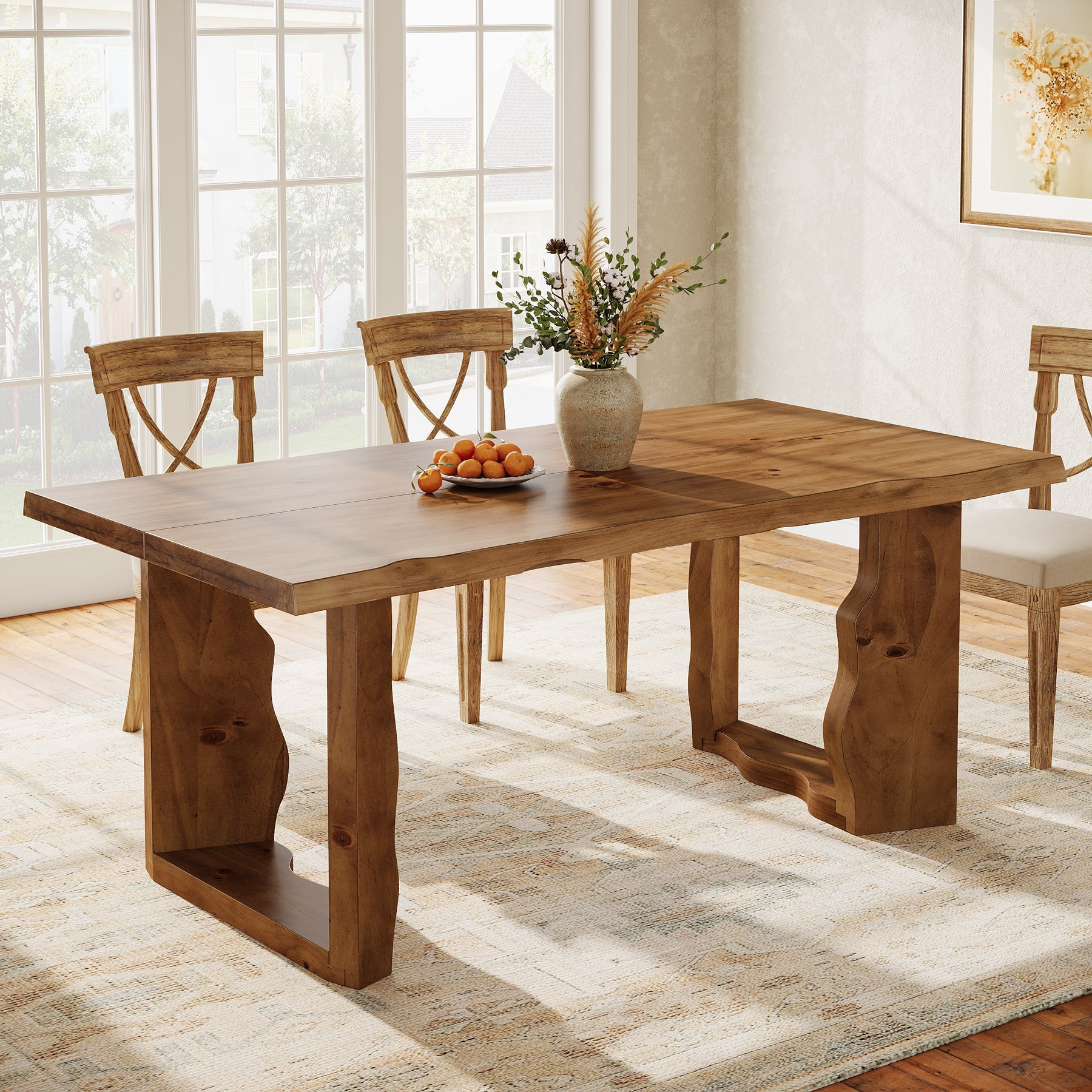 63" Solid Wood Live Edge Dining Table for 6, Rustic Modern Kitchen & Dining Room Table with Sculptural Legs