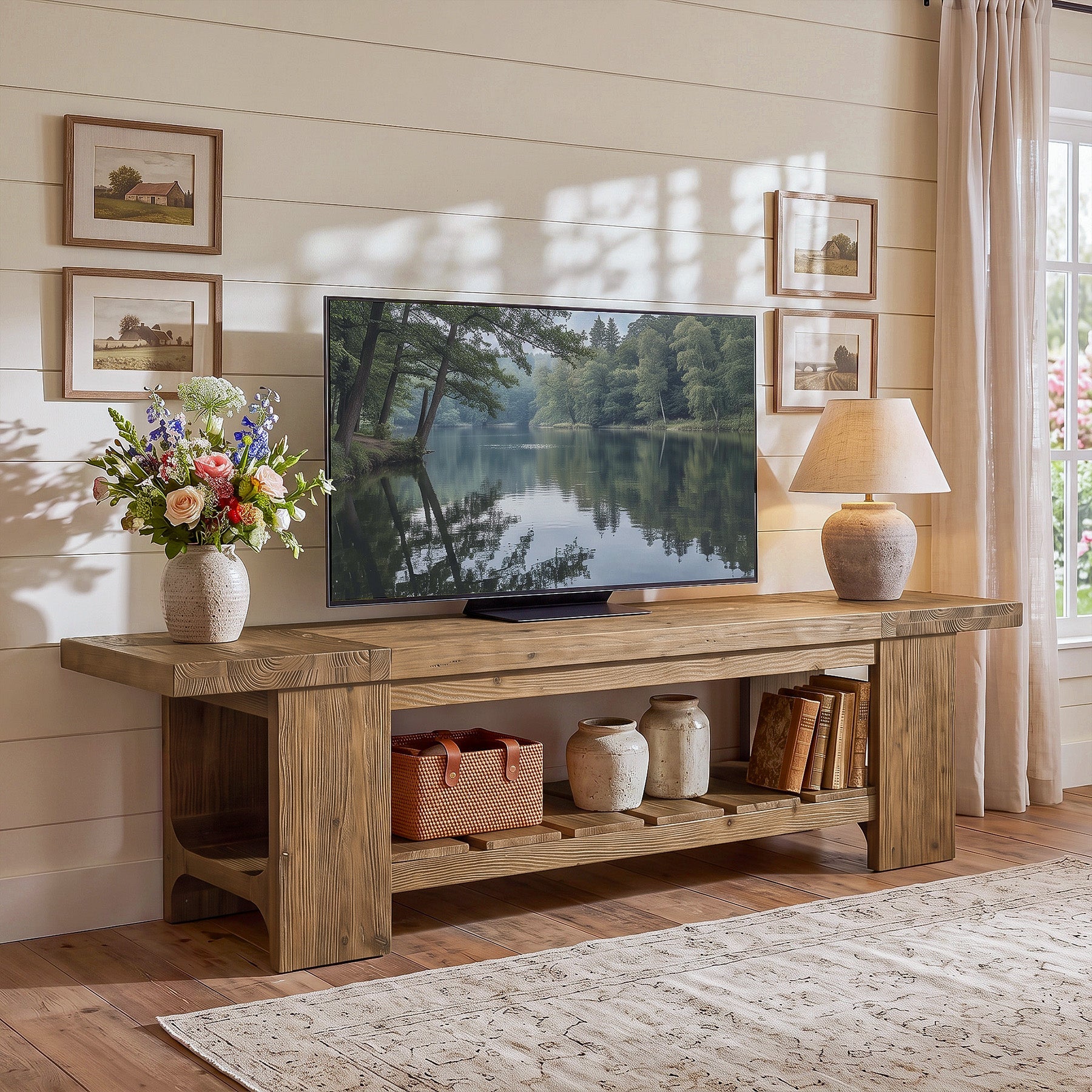 70.9" Solid Wood TV Stand, Media Console with with Lower Storage Shelf for Living Room