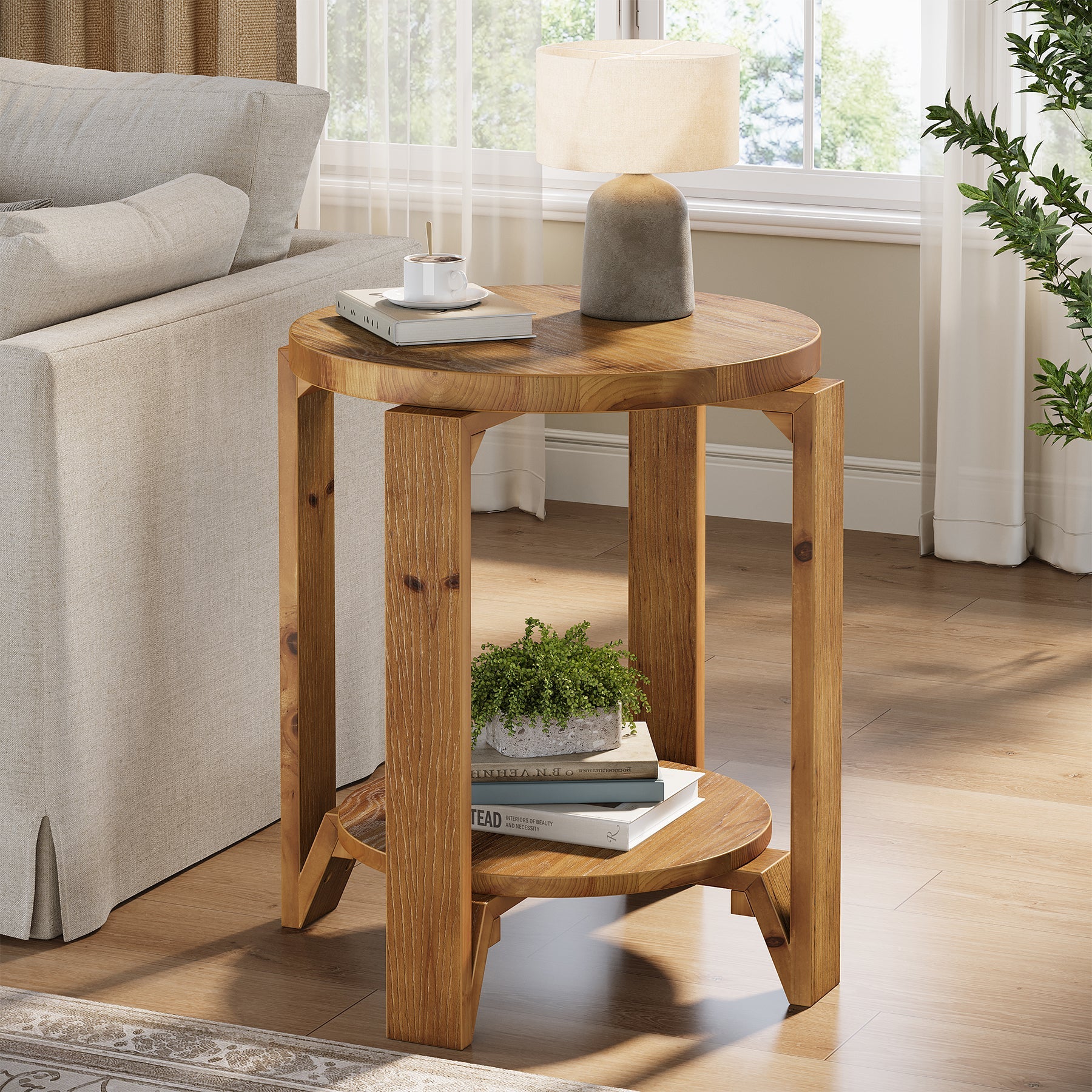 Solid Wood End Table, 2-Tier Round Sofa Side Table Nightstand with Storage