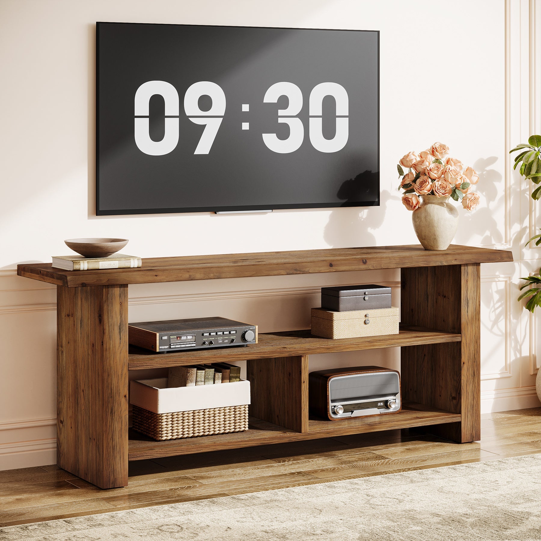 63" Solid Wood TV Stand for Up to 75 Inch TVs, Farmhouse Media Console with Open Storage Shelves