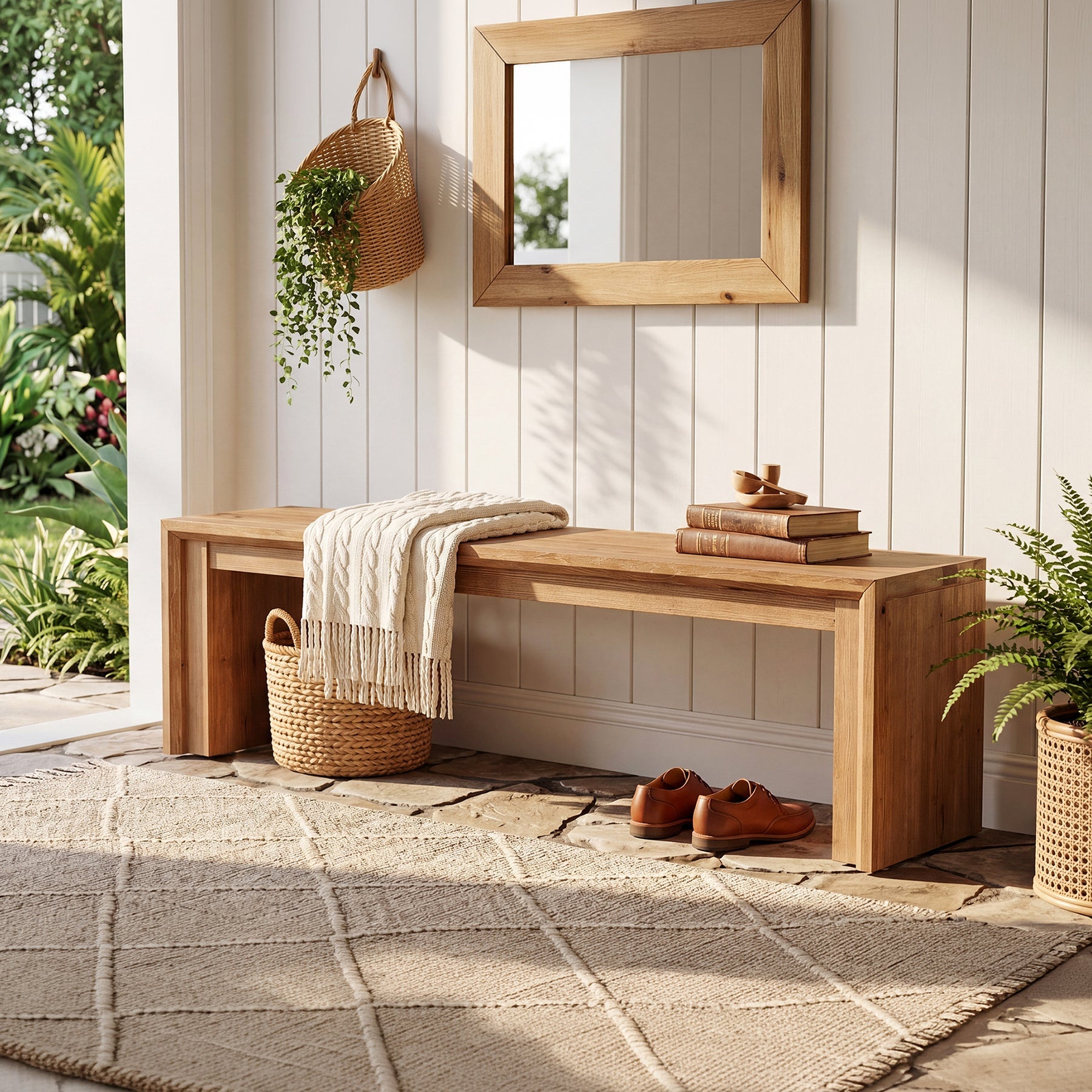 63" Solid Wood Entryway Shoe Bench, Farmhouse End of Bed Bench for 2-3 People