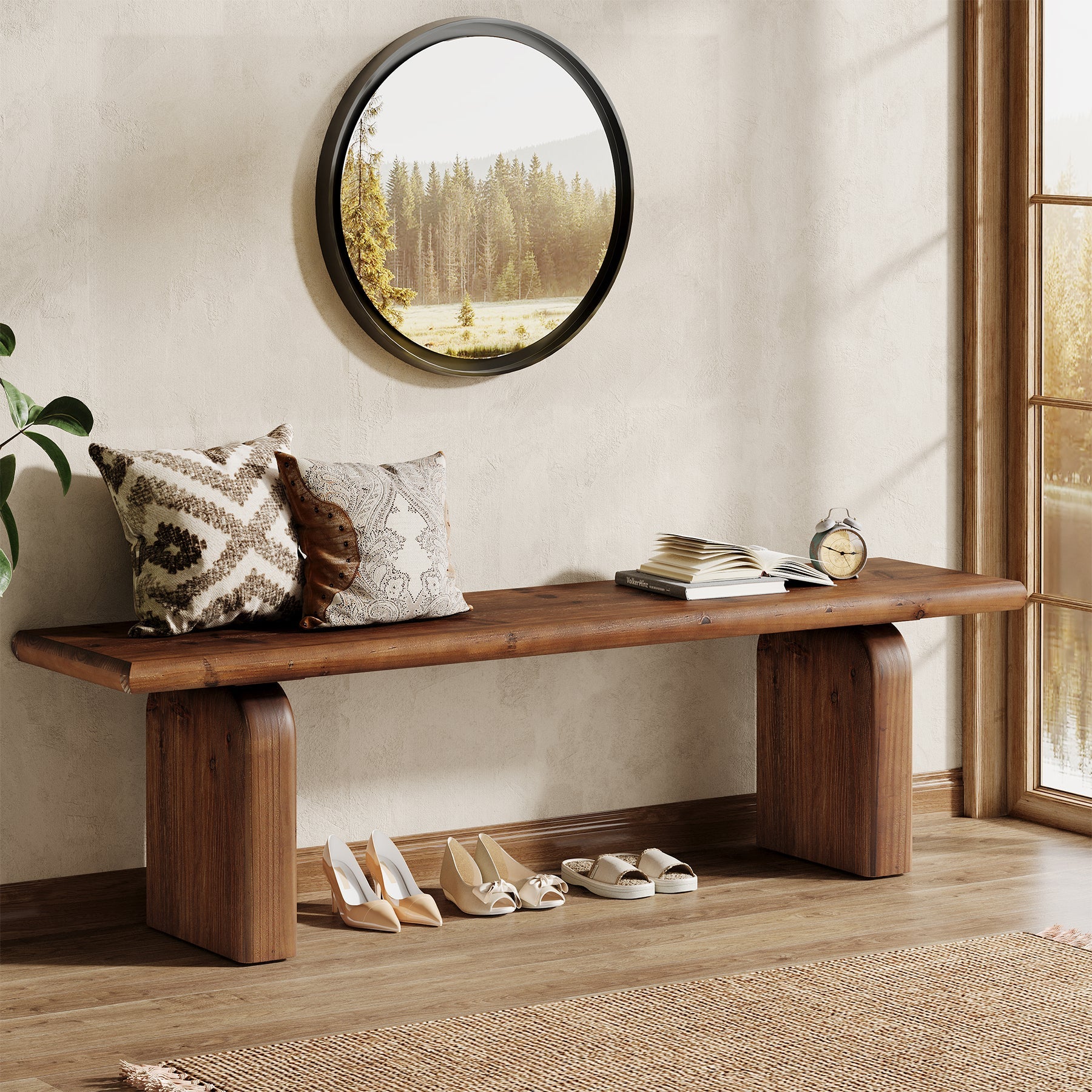 62.99" Solid Wood Entryway Bench, Farmhouse Indoor End of Bed Bench