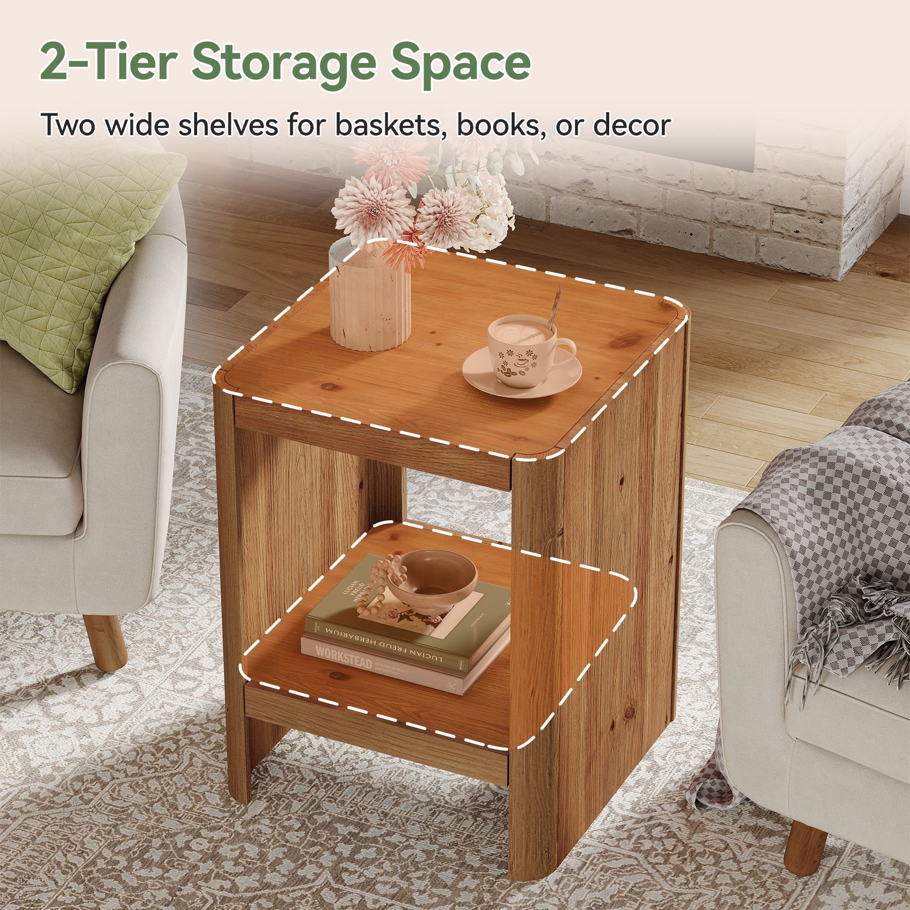Solid Wood End Table, 2-Tier Side Table with Rounded Edges for Living Room