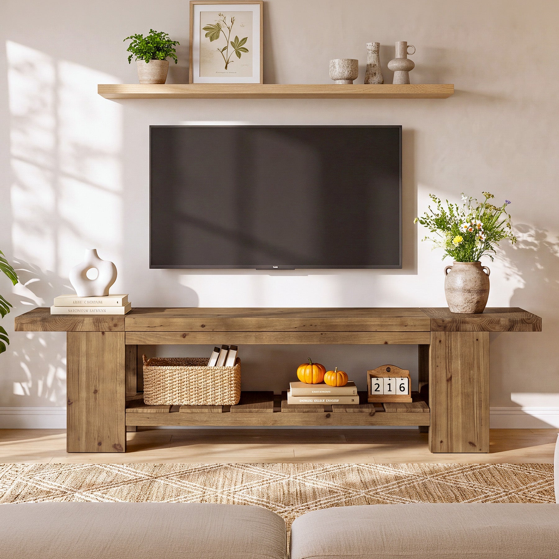 70.9" Solid Wood TV Stand, Media Console with with Lower Storage Shelf for Living Room
