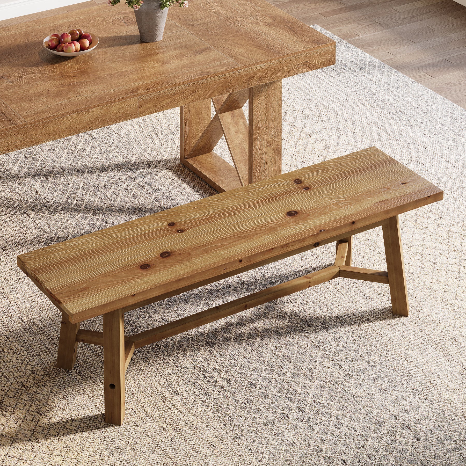 Solid Wood Dining Bench, 55.12" Kitchen Bench with Strengthened Legs