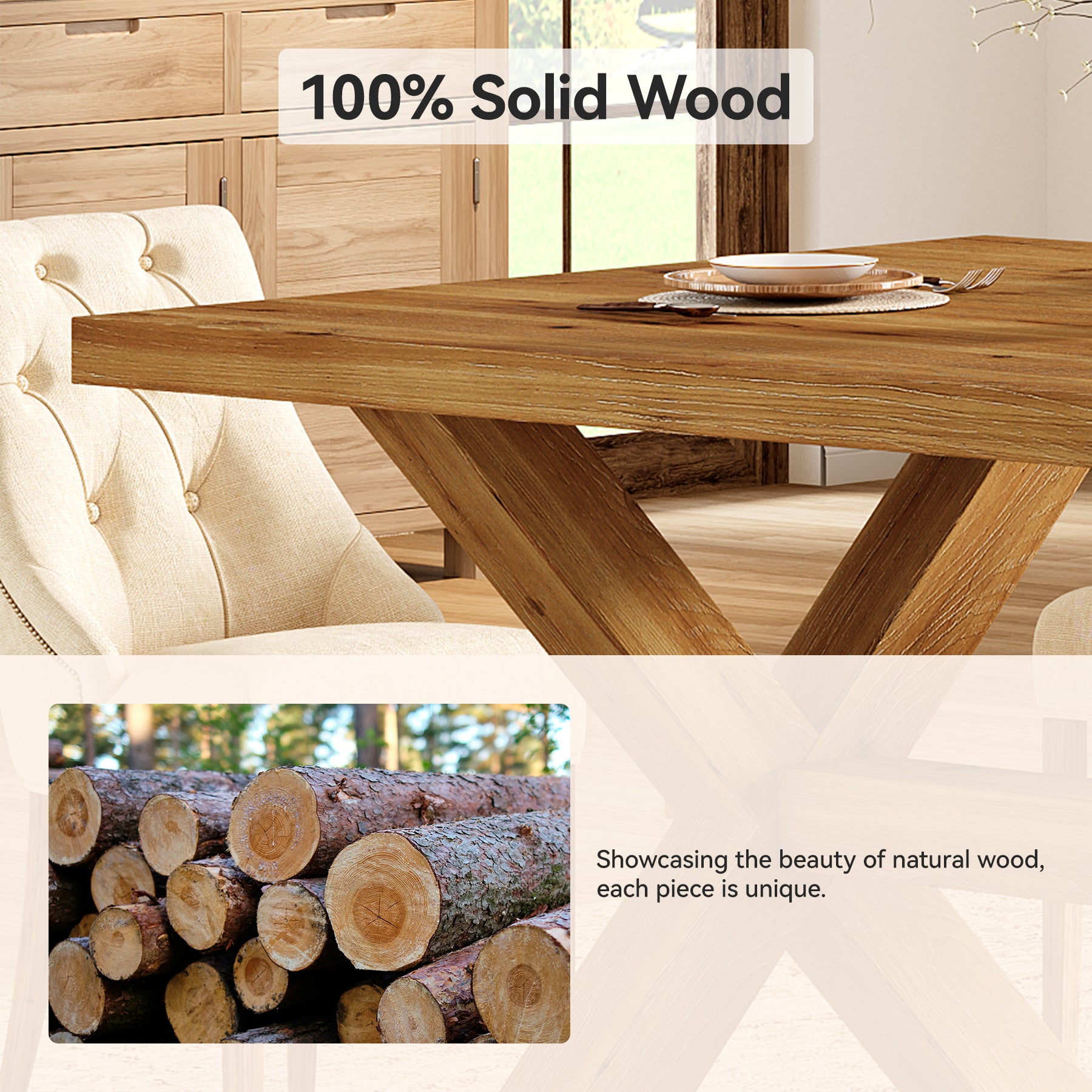 63" Rectangle Dining Table, Farmhouse Solid Wood Kitchen Table with Large Tabletop for 4-6