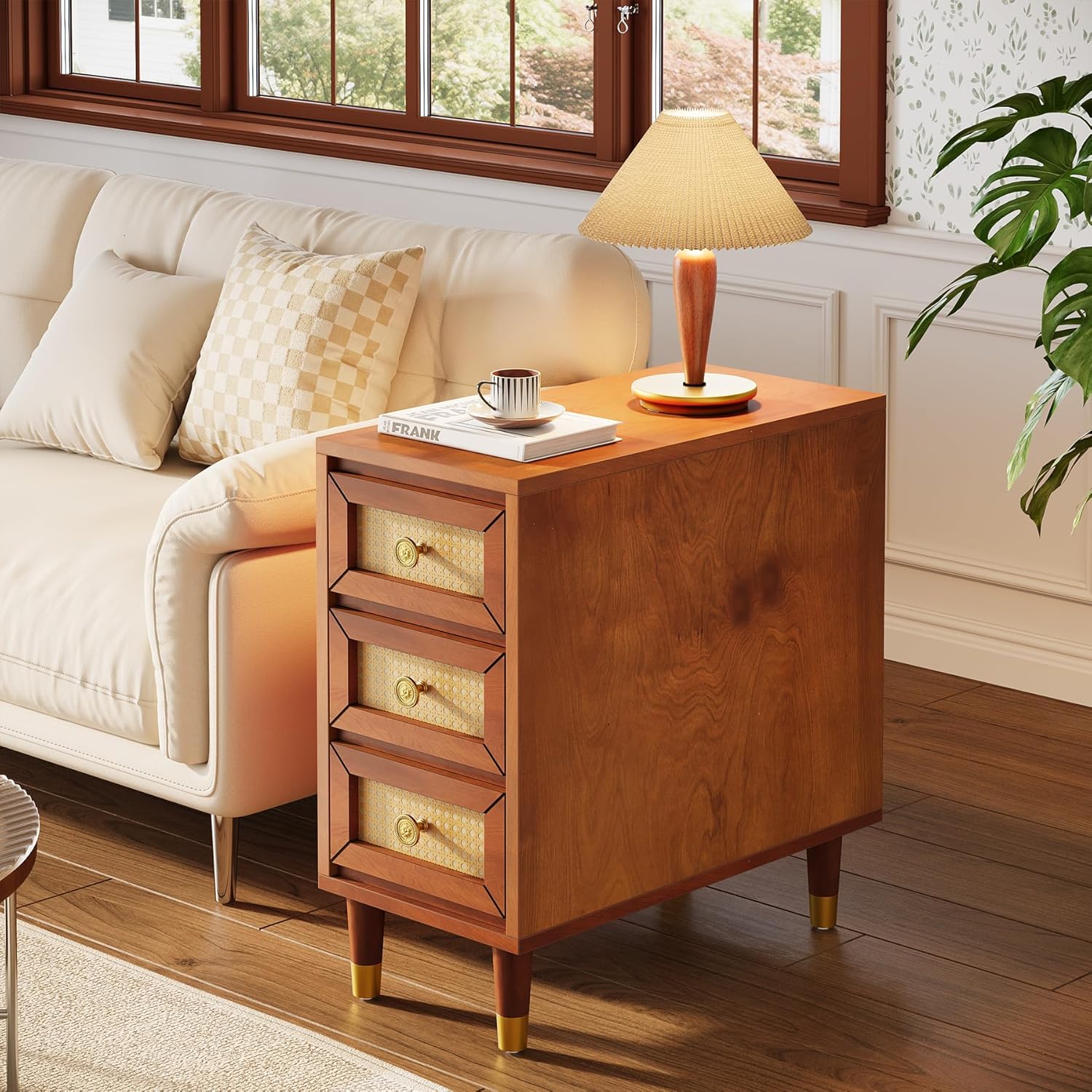 23.6" End Table, Solid Wood Sofa Side Table with Rattan Front and 3 Drawers Tribesigns