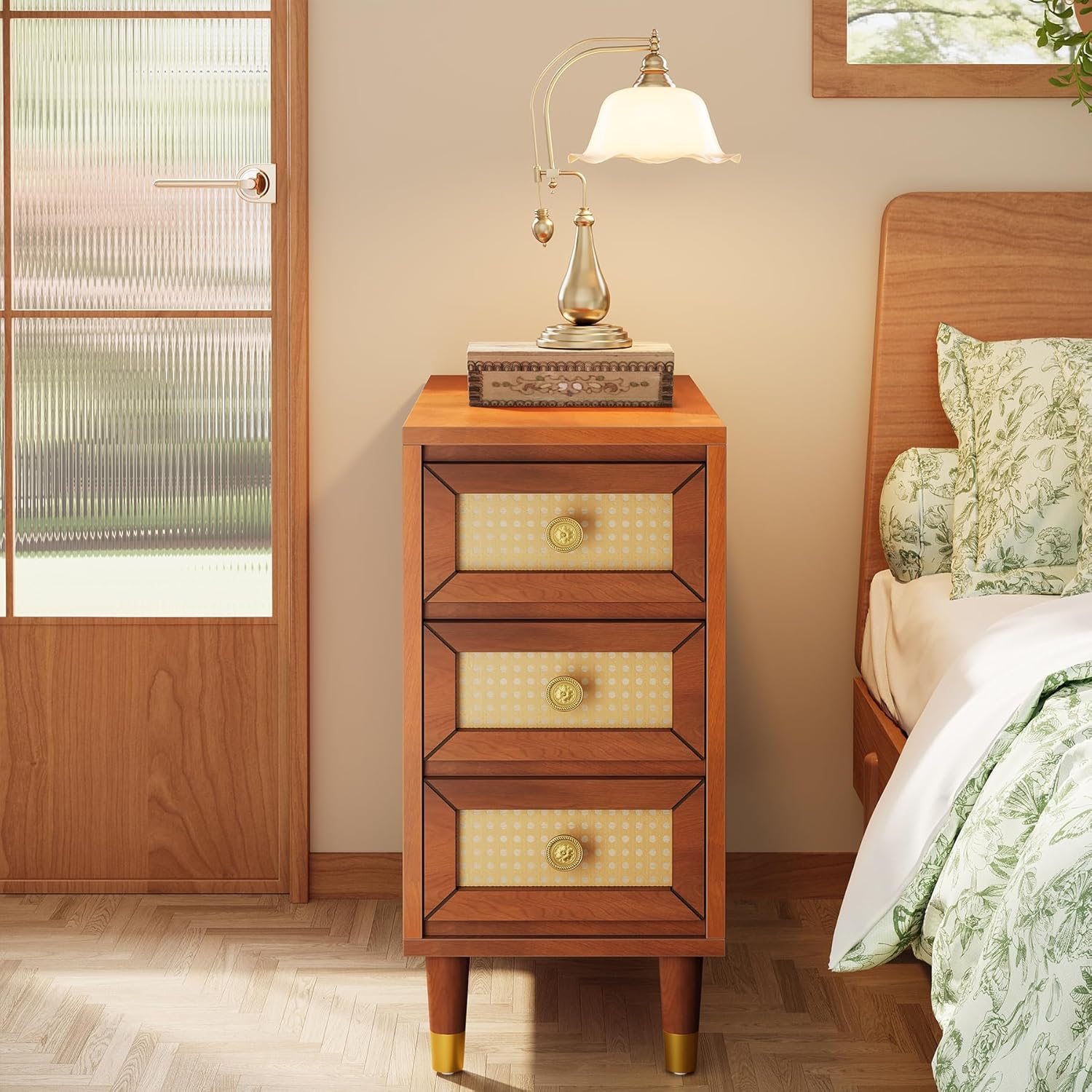23.6" End Table, Solid Wood Sofa Side Table with Rattan Front and 3 Drawers Tribesigns
