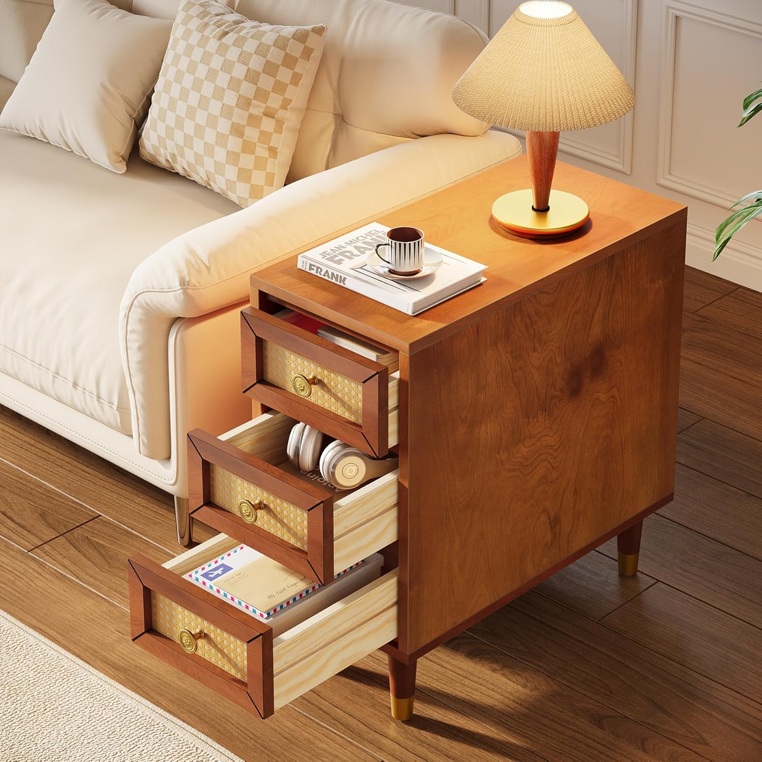 23.6" End Table, Solid Wood Sofa Side Table with Rattan Front and 3 Drawers Tribesigns