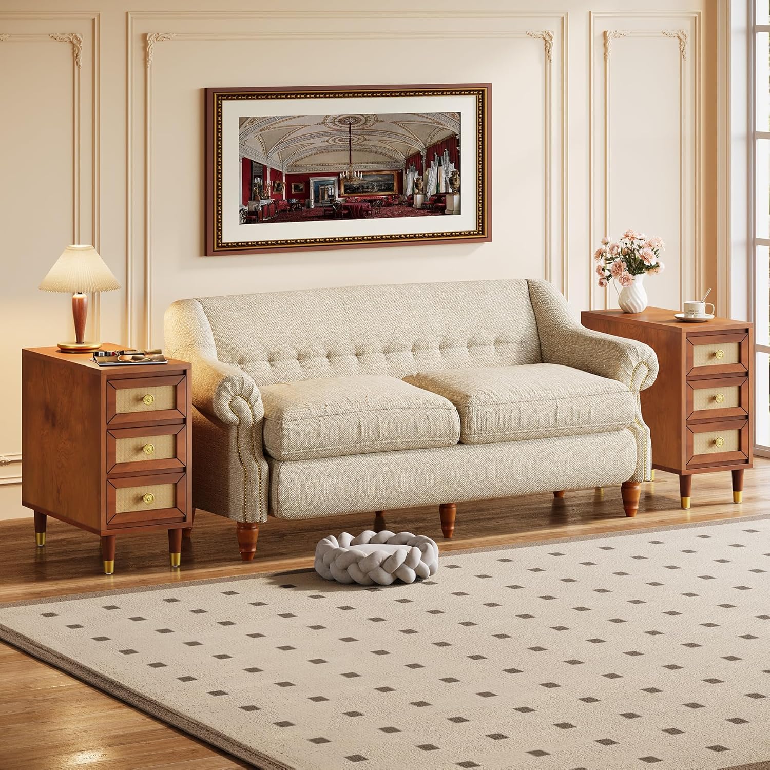 23.6" End Table, Solid Wood Sofa Side Table with Rattan Front and 3 Drawers Tribesigns