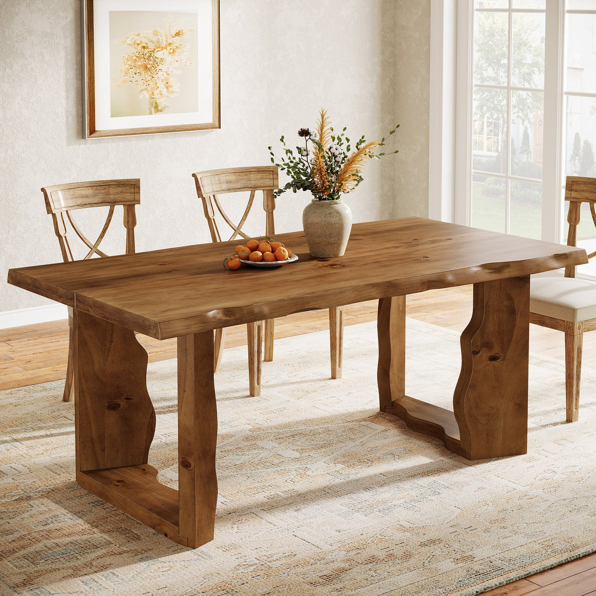 63" Solid Wood Live Edge Dining Table for 6, Rustic Modern Kitchen & Dining Room Table with Sculptural Legs