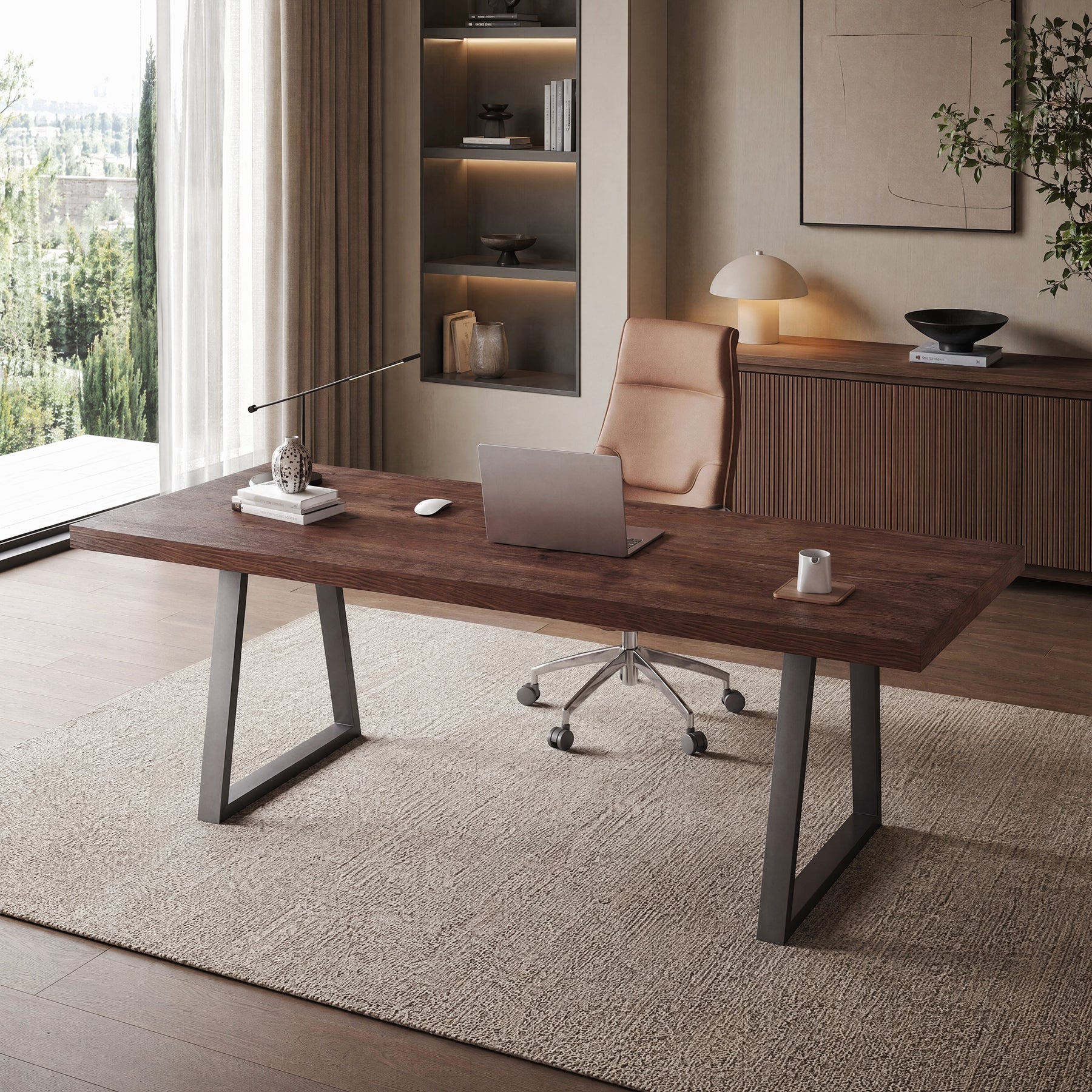 63" Solid Wood Executive Desk, Industrial Computer Laptop Desk Study Writing Table