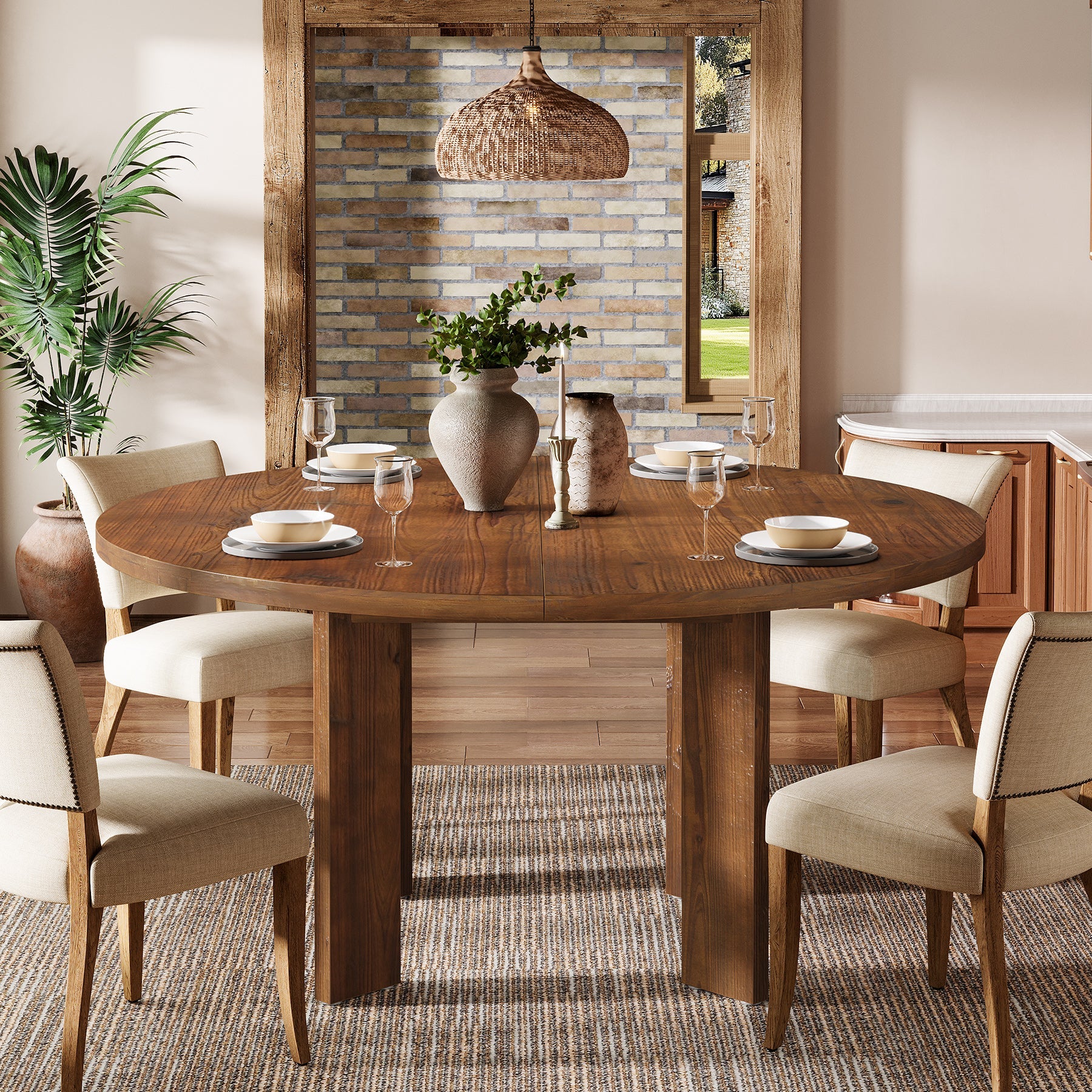 Solid Wood Round Dining Table, 47.24" Farmhouse Kitchen Table for 4-6 People