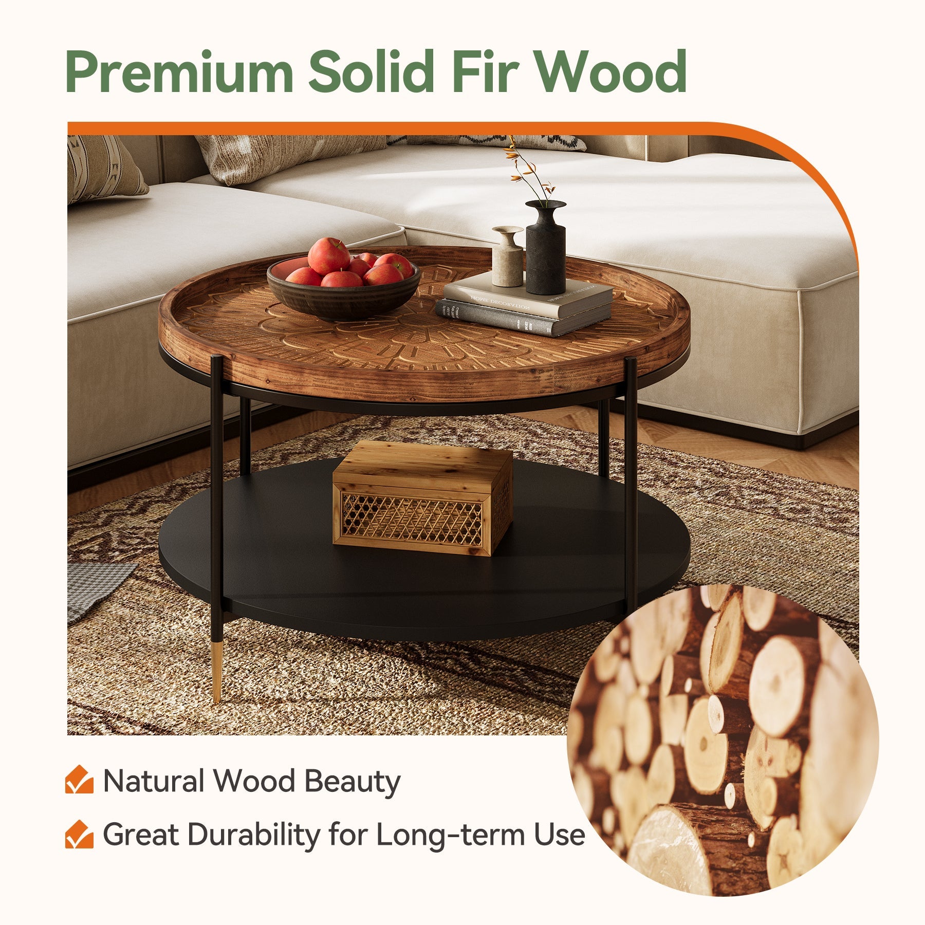 Solid Wood Round Coffee Table, 31.5" Center Tea Table with Metal Frame