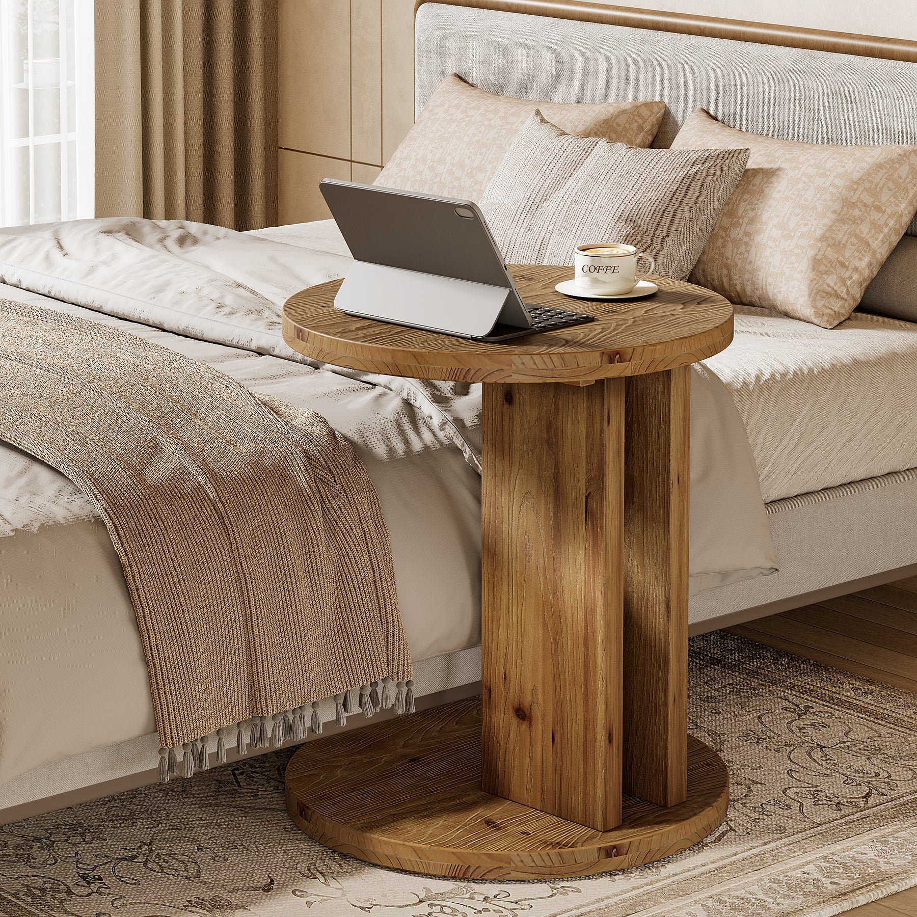 Solid Wood Nightstand, 19.68"C-Shaped Bedside Table with Storage