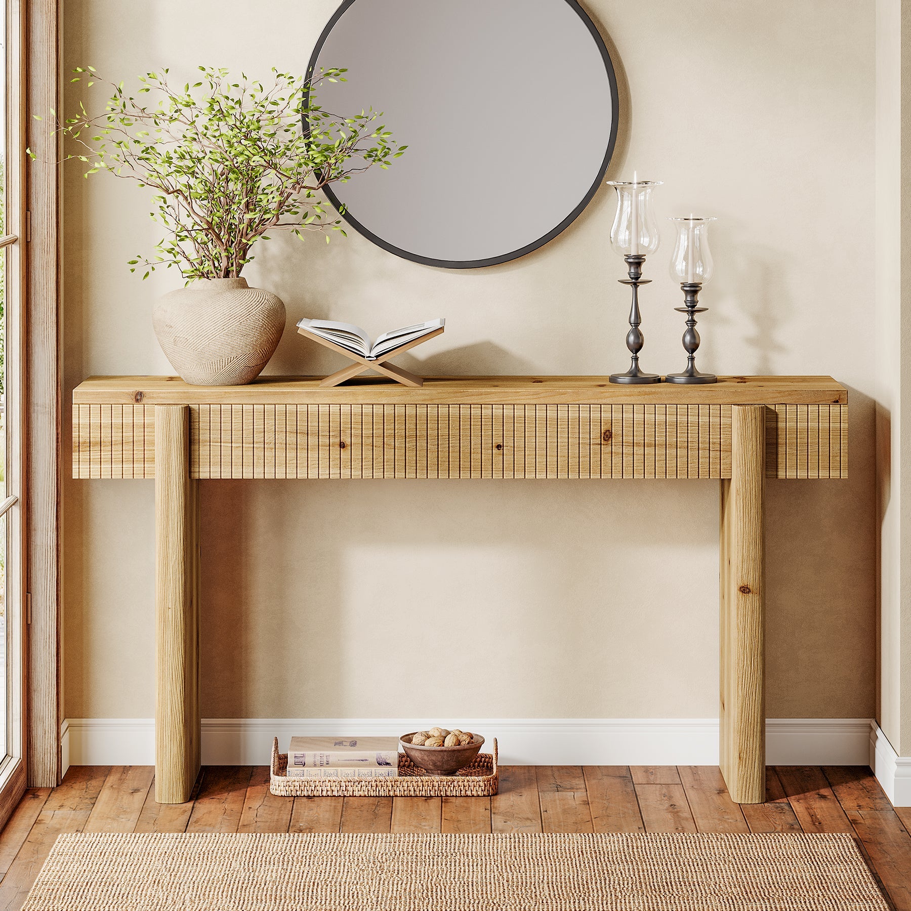 55" Solid Wood Rustic Console Table, Farmhouse Entryway Table Behind Couch for Living Room