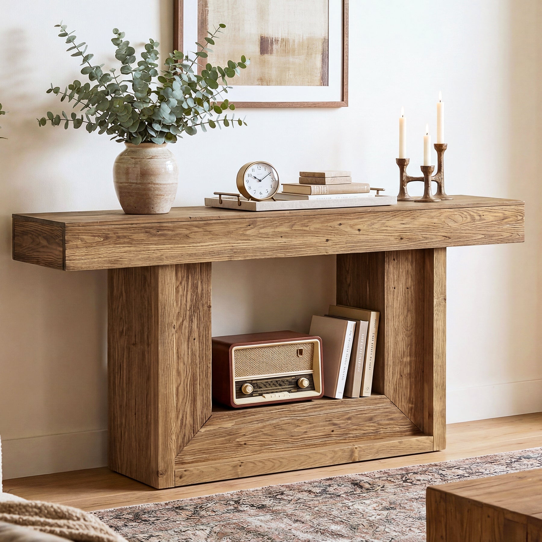 63" Solid Wood Console Table with U-Shaped Base, Farmhouse Narrow Entryway Table with Open Storage Shelf