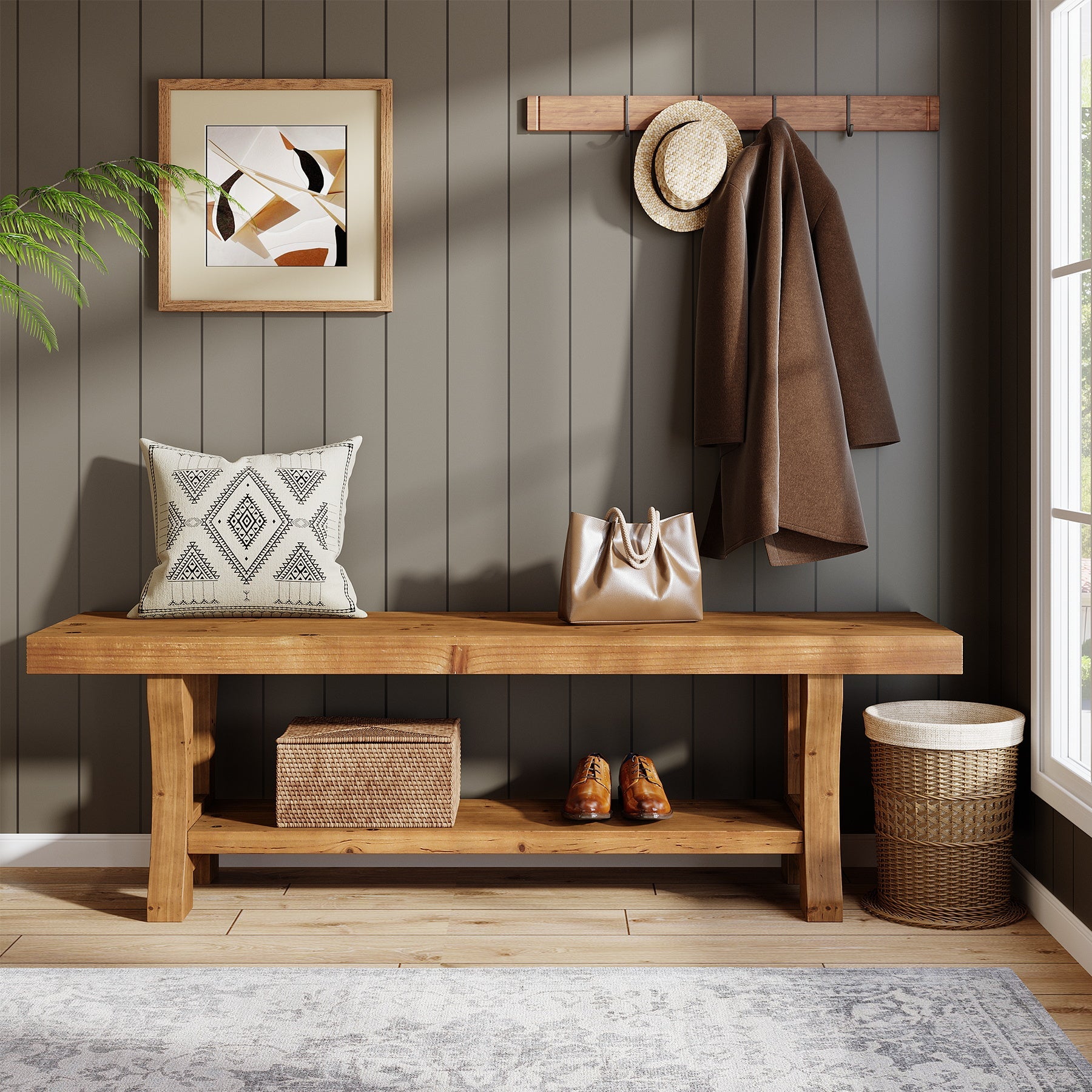 55" Entryway Bench, Solid Wood End of Bed Bench Dining Seat