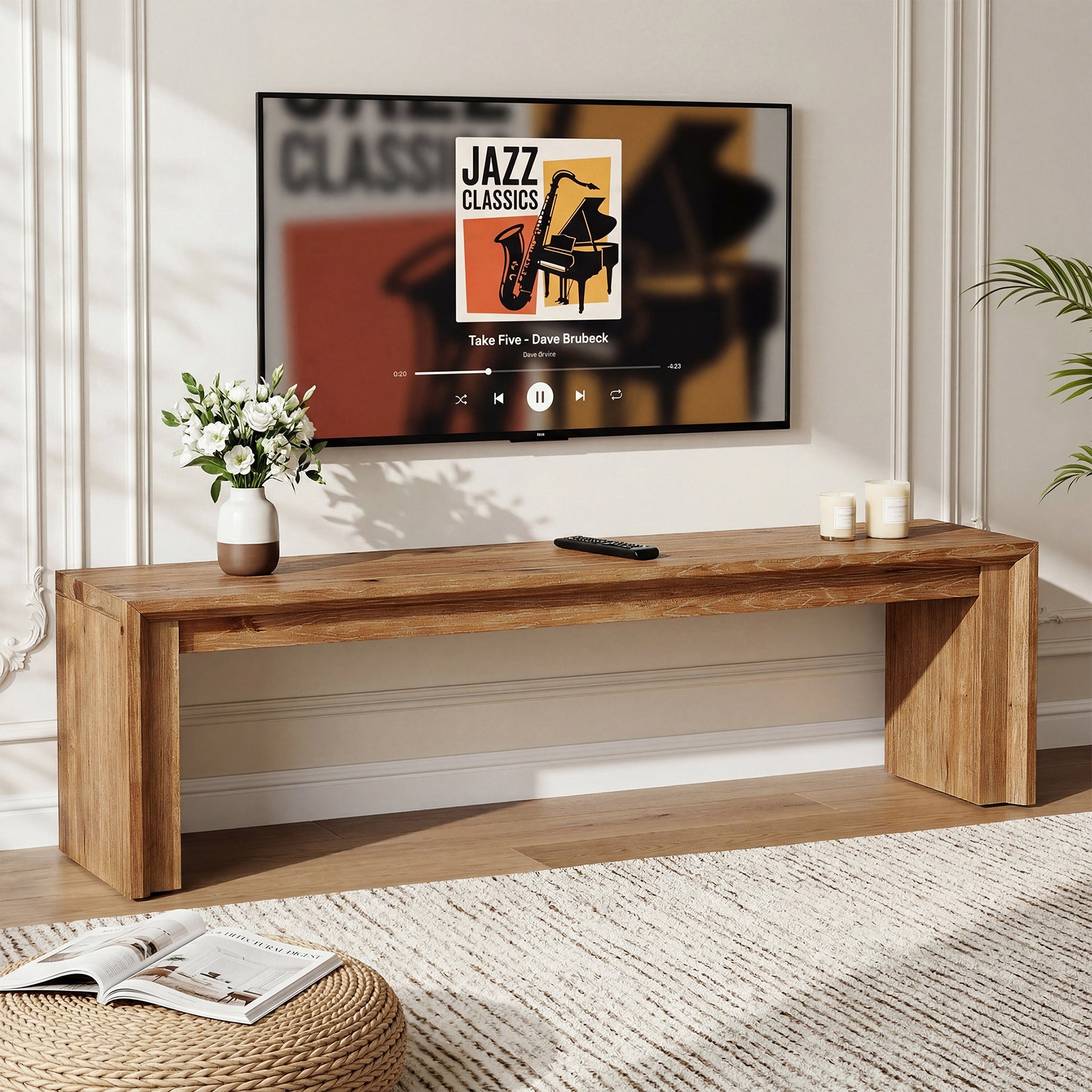 63" Solid Wood TV Stand for 65" TV, Farmhouse Entertainment Center Low Media Console