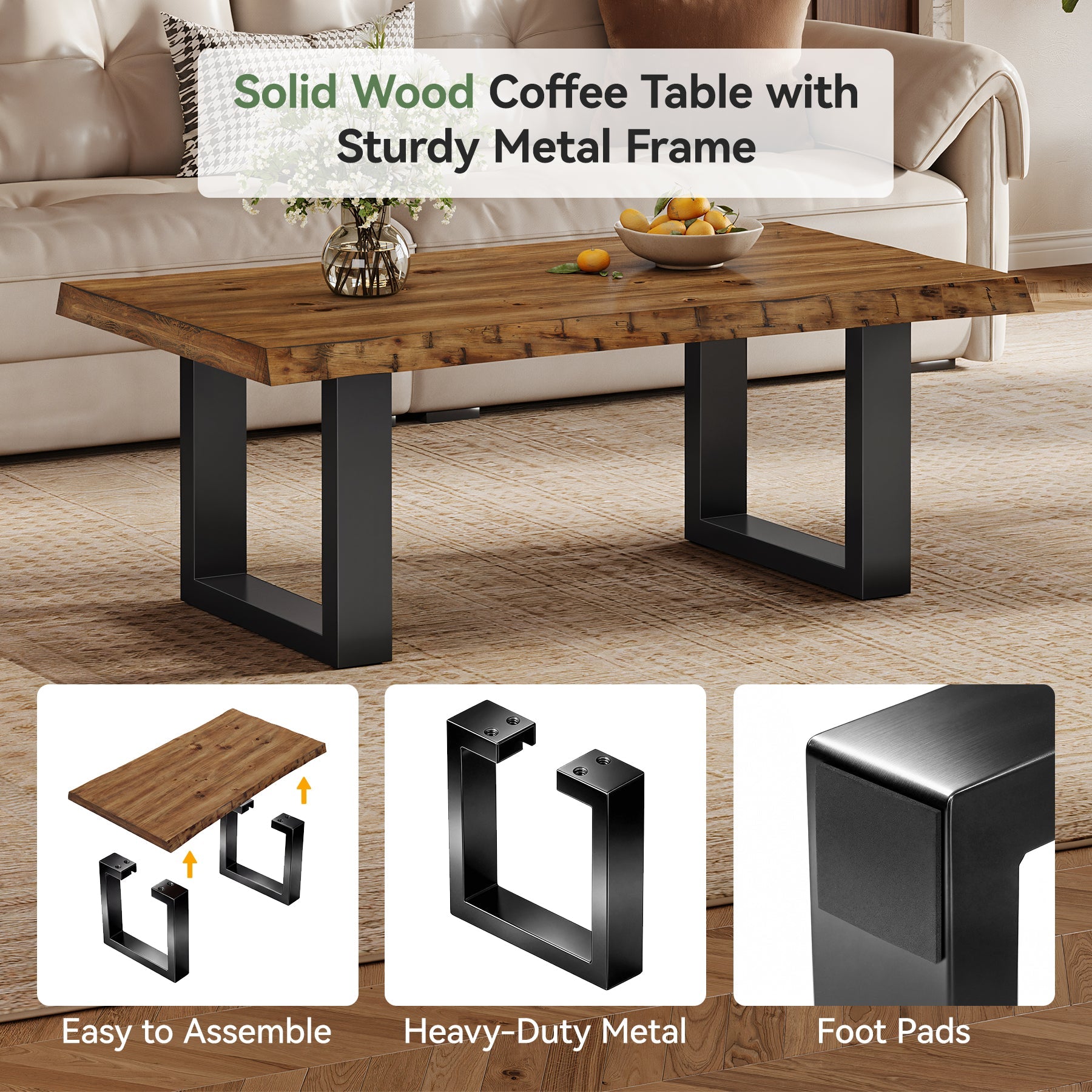 47" Solid Wood Coffee Table, Industrial Modern Center Table with Metal Base for Living Room